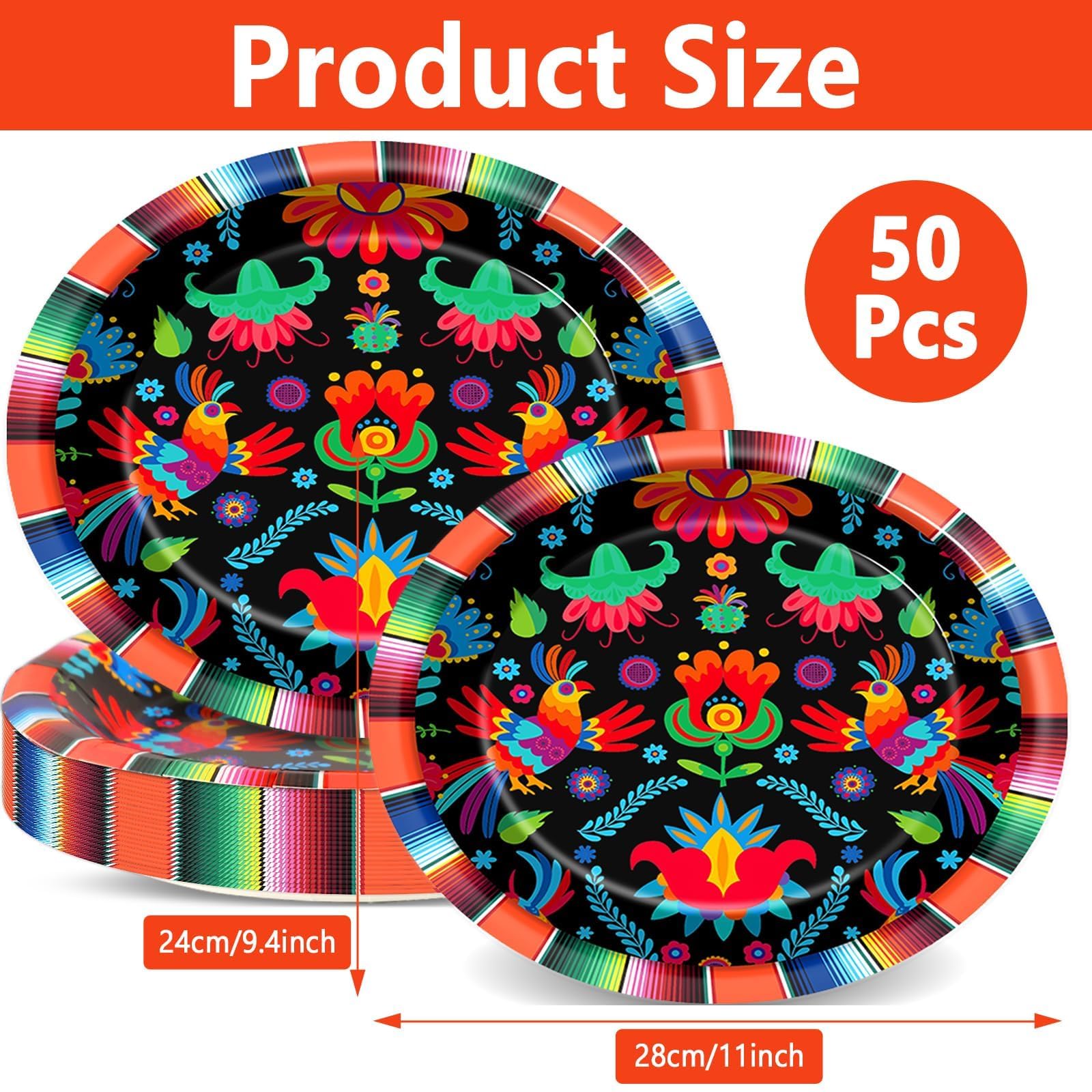 Qyeahkj 50 Stück mexikanische Fiesta-Pappteller, oval, groß, 27,9 cm, Einweg-Pappteller, Fiesta-Party-Dekorationen, mexikanische Stechapfel-Blumen-Zubehör, Gastgeschenk für den Tag der Toten, Mexiko,