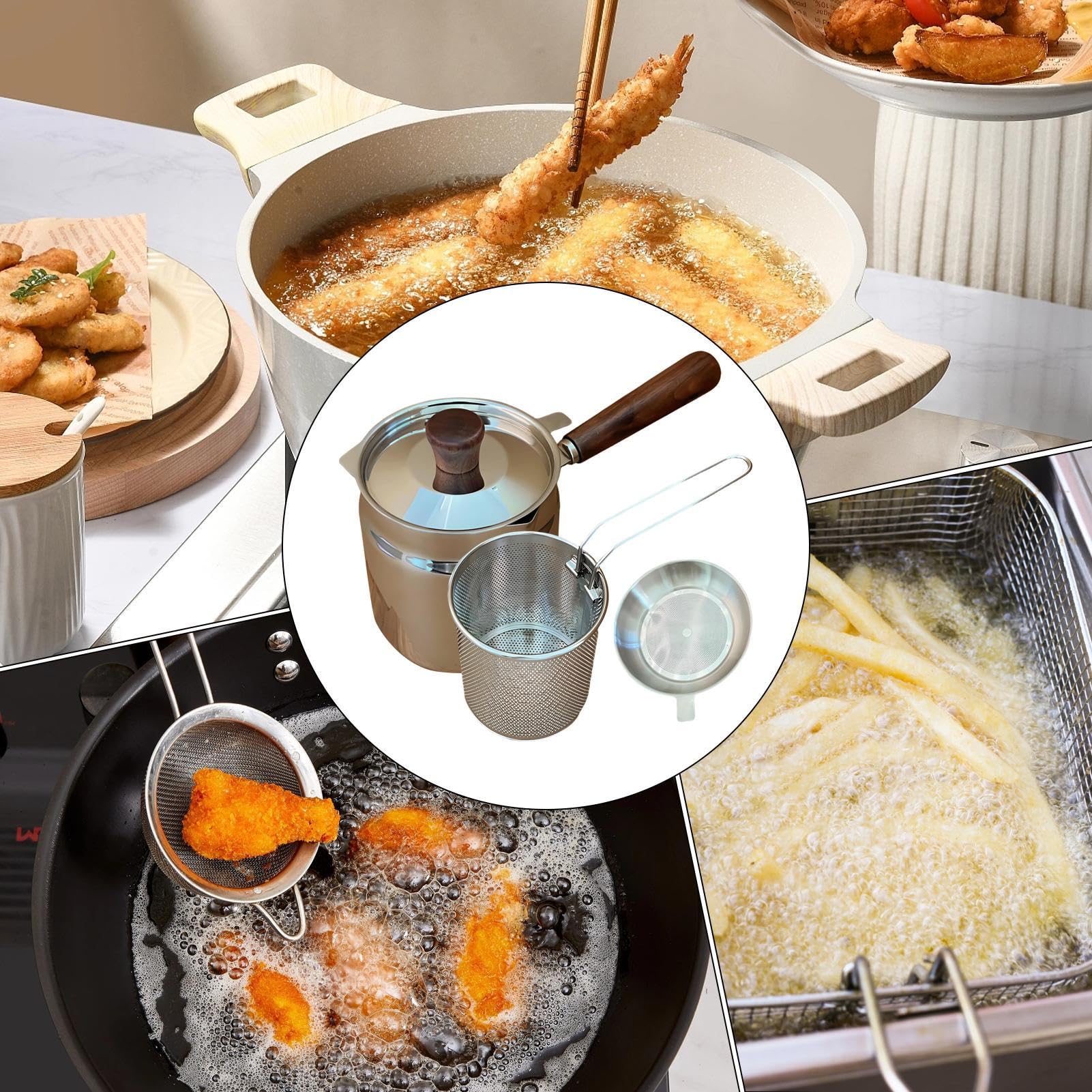 Olla Freidora Accesorios En Acero Inoxidable De Doble Capa Con Cesta Y | Freidora para Hornillo para Cocina Hogar Acampada Parrilla Cocinar Panceta Papas Fritas Pescado Maíz