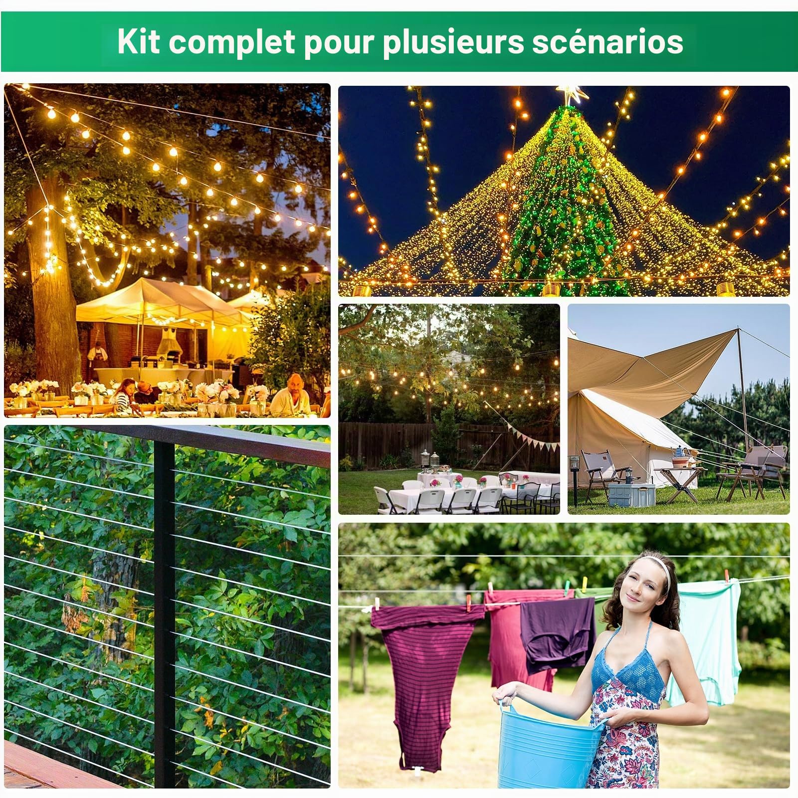 94 Pièces Kit de Câble Métallique en Acier Inoxydable 304, 60M 2 MM Recouvert de PVC avec Tendeur Cable Inox, pour Plantes Grimpantes, Clôture, Treillis, Étendoir Extérieur, Suspension de Luminaires
