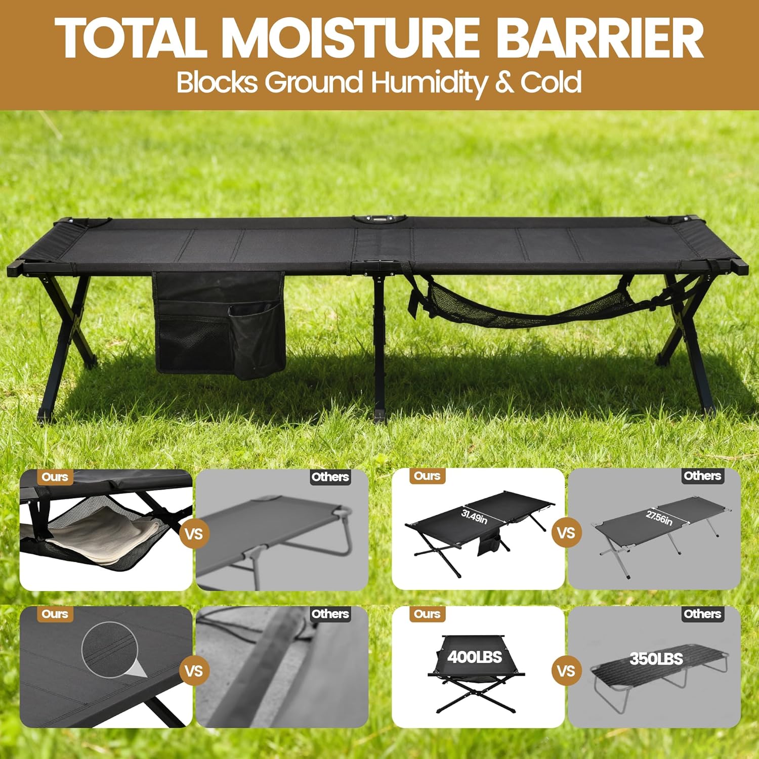 Portable Camping Cot for Adults, 300lbs Heavy Duty Folding Bed with 60s Quick Setup, Compact & Lightweight for Outdoor, Guest, Office Nap, Hospital Stay(Black)