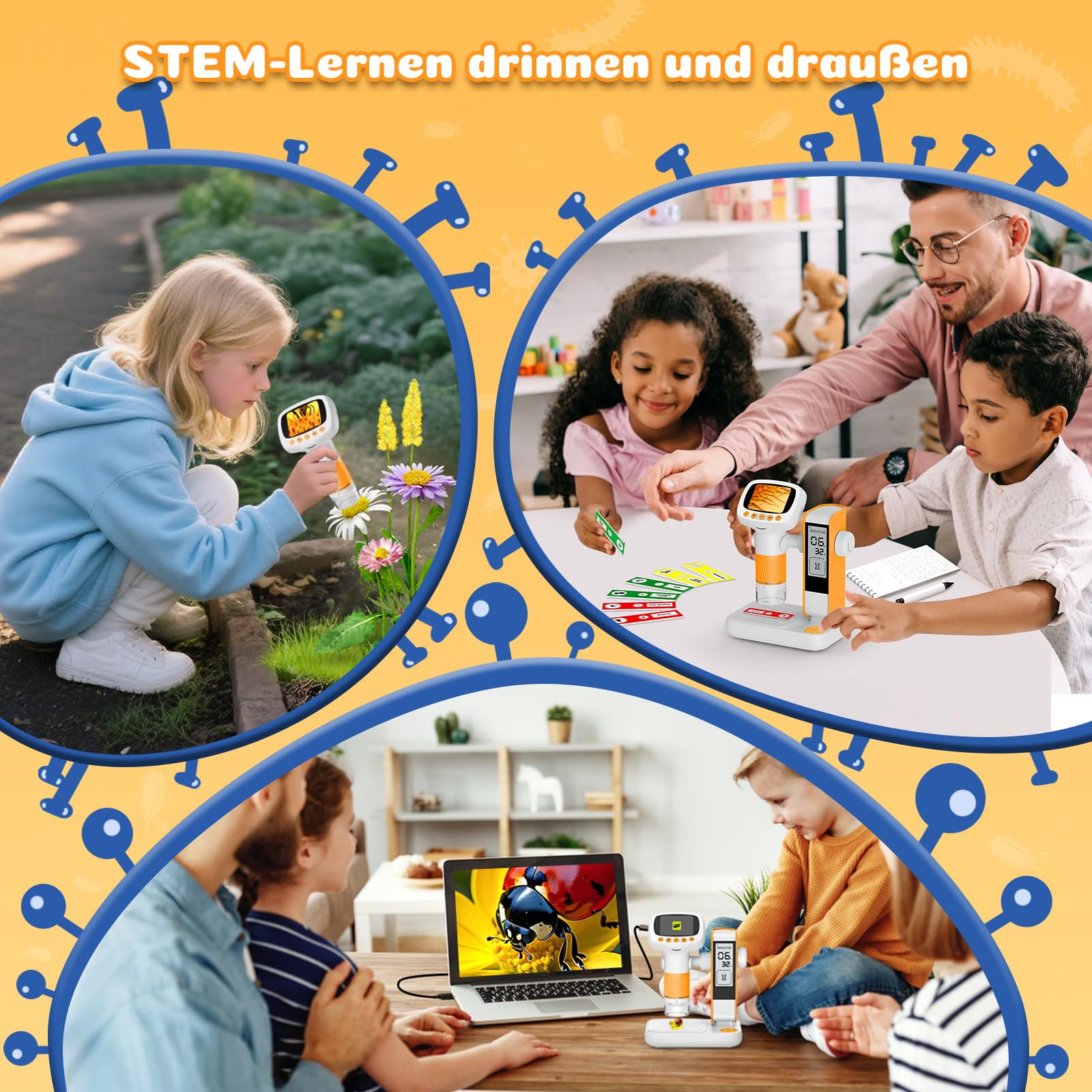 Leipan Microscopio digitale per bambini 2 in 1 con supporto per timer, ingrandimento 1000x, palmare/desktop, schermo IPS da 2", connessione USB PC, 12 vetrine, 8 LED, per laboratorio educativo, età 4