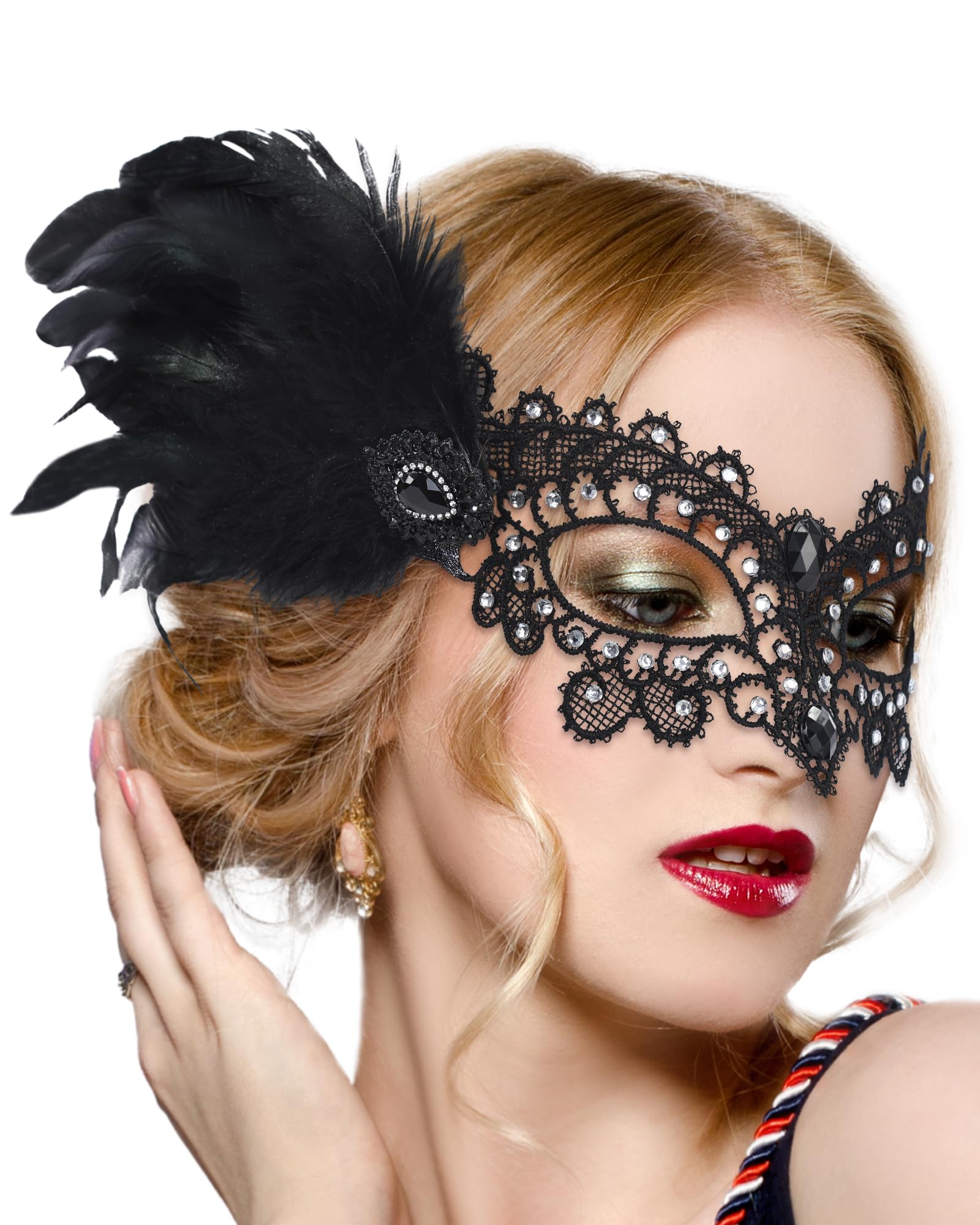 ETOFETE Lace Black Masquerade Mask Feather Venetian Eyemask for Women