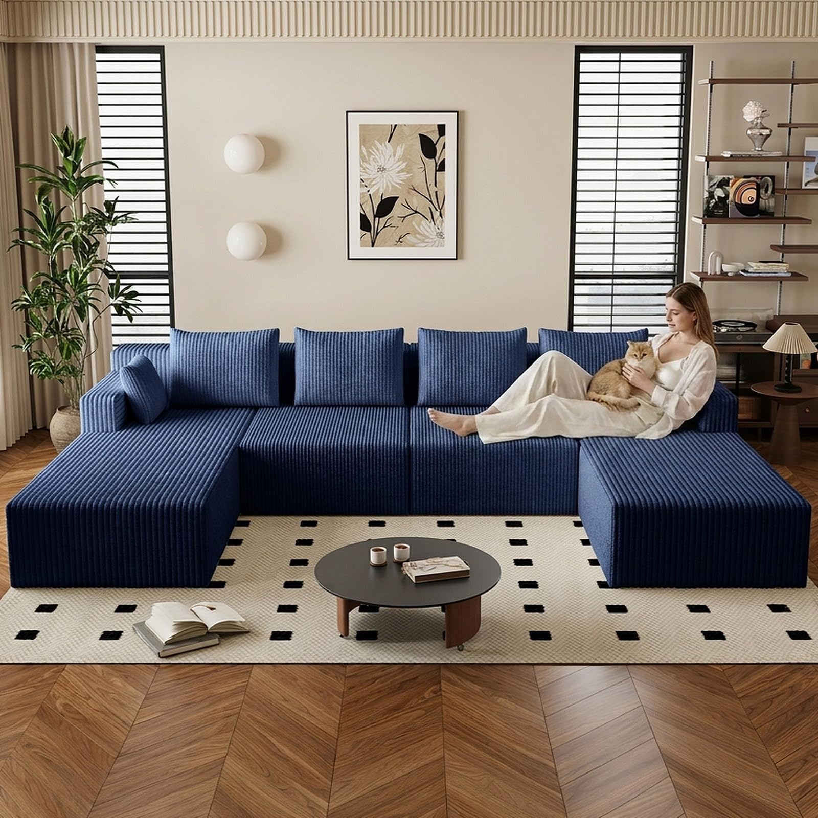 142" U-Shape Cloud Couch, Modern Modular Sectional U-Shape Sofa, Corduroy Boneless Couch Upholstered Couches Deep Seat Sleeper Chaise Longue for Living Room, No Assembly Required,Blue