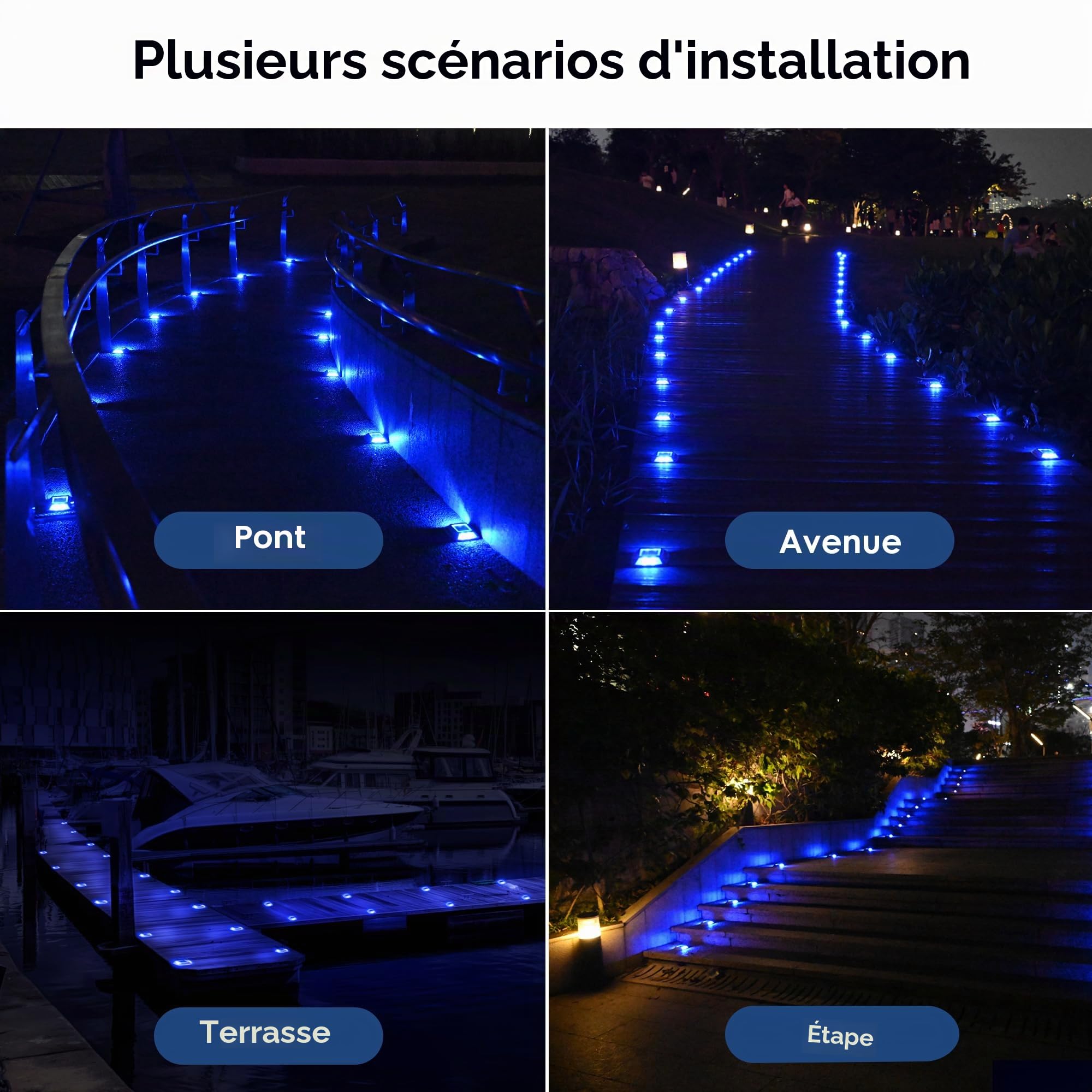 Spot Solaire Exterieur Puissant IP68 Étanche Éclairage Escalier Exterieur Bleu Balise Solaire Jardin 24LM 6 Pièces