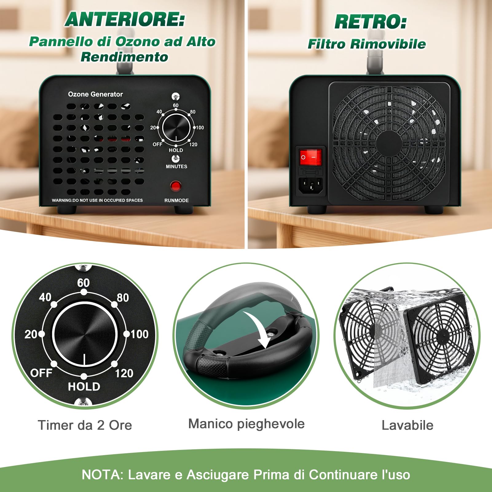 ICARE Generatore di Ozono 30000 mg/h, Purificatore d'Aria Professionale | Macchina Ozono Deodorante Fino a 300㎡, Alta Capacità O3, Timer 120 Min, Ozonizzatore per Casa Ambienti, Auto, Uffici, Hotel