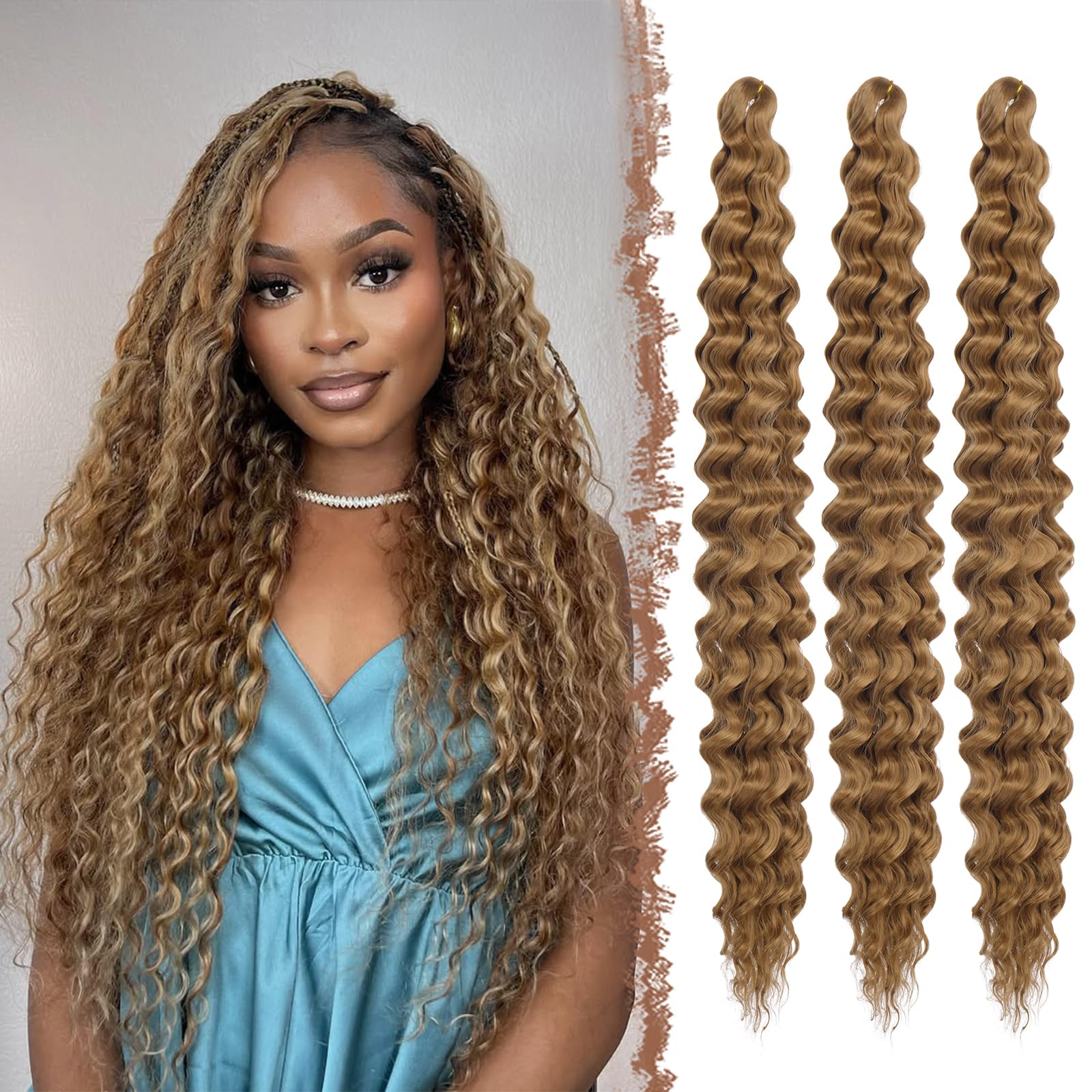 FESHFEN Ocean Wave Crochet Extension - Pelo Crochet Rizado Natural Deep Wavy Hair Extensions de Cabello Marrón Dorado Sintético Trenzas Postizas para Mujeres, 55 cm 3 Piezas
