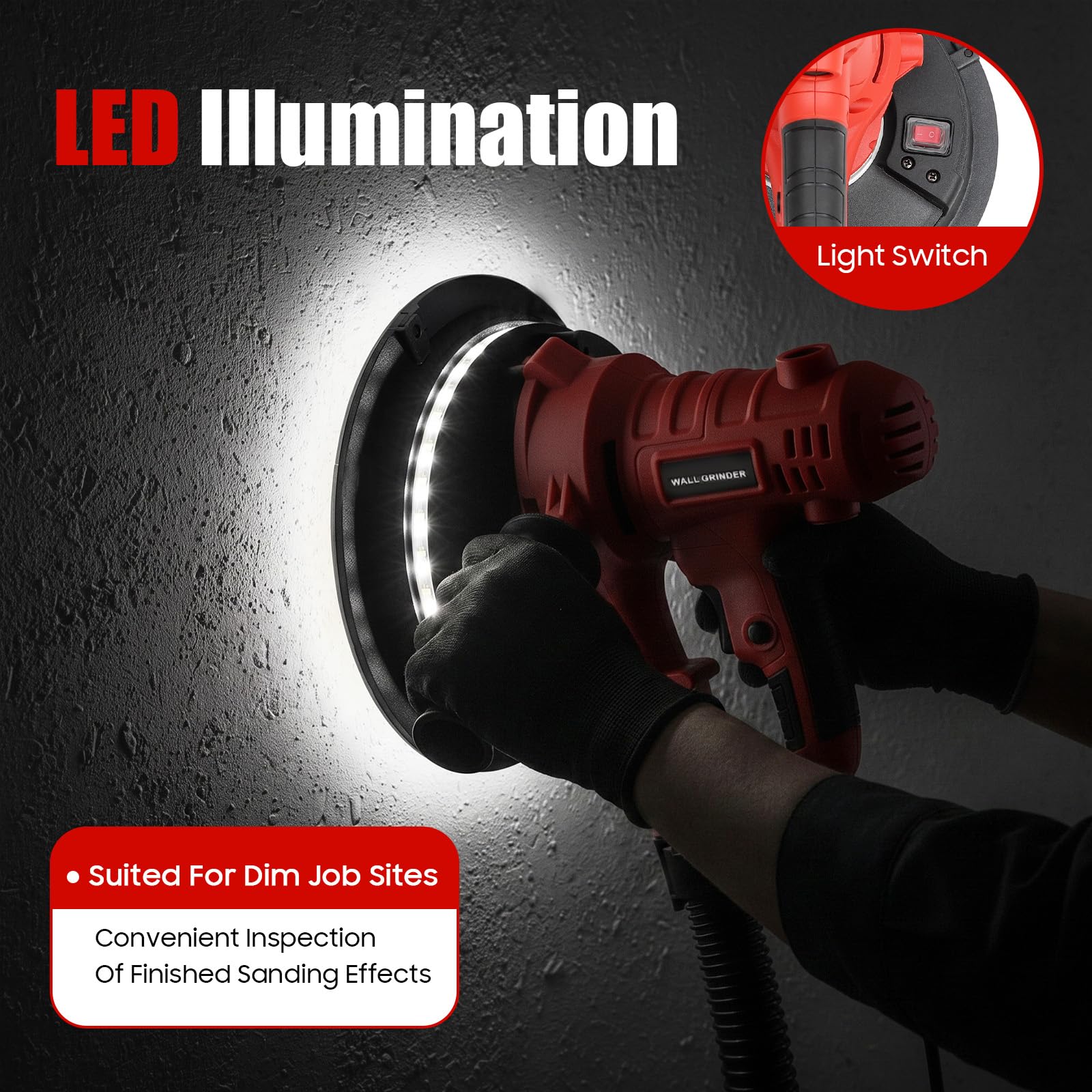 Gipsschleifer, Wandschleifer, elektrisch, mit Staubsauger, Heimwerker-Werkzeug, integrierte LED, 800 W, variable Geschwindigkeit, Scheibe 180 mm, 6 Schleifmittel, Decke, Innenrenovierung, schnelles