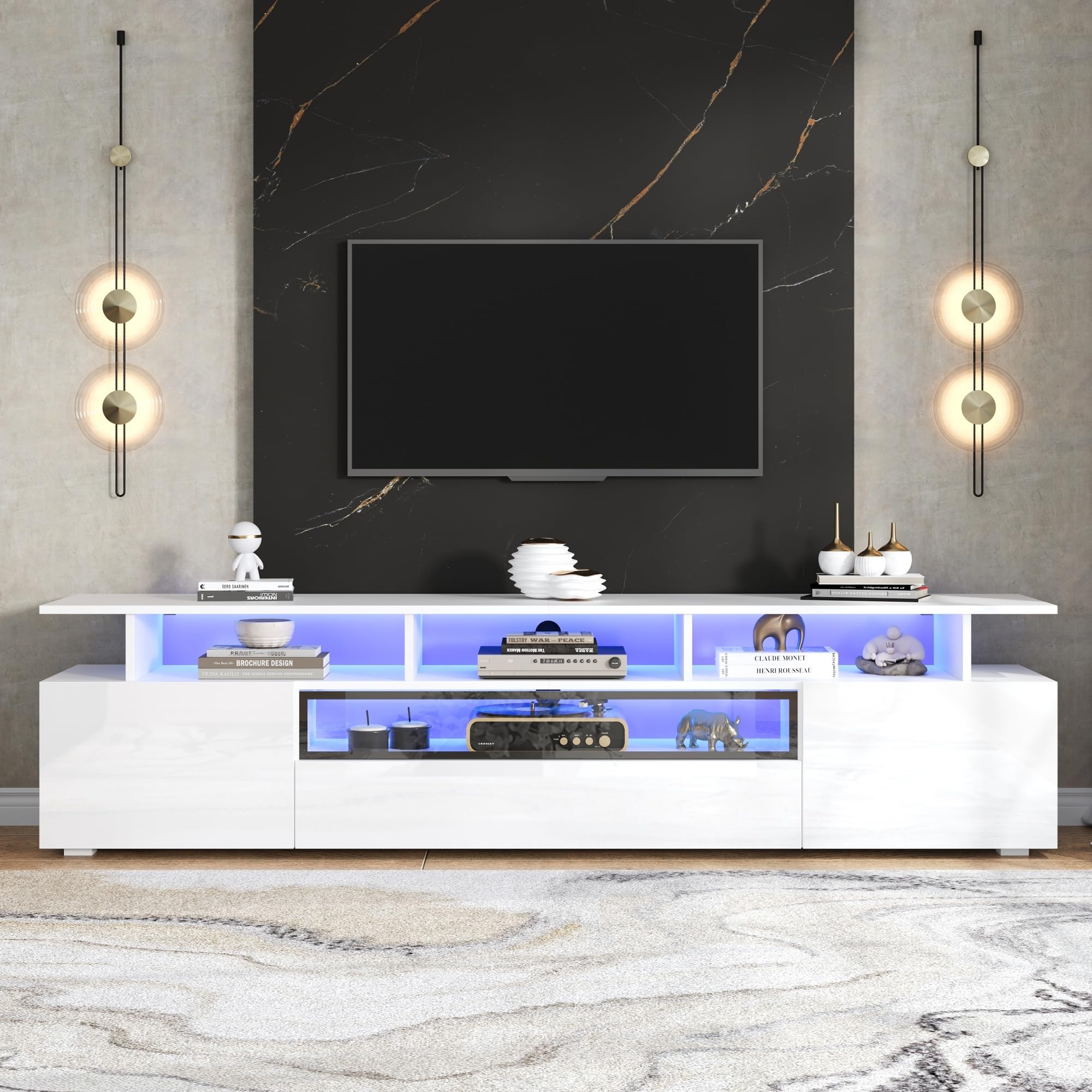 Mobile TV, 180 x 38 x 45 cm, con 2 armadi e 1 cassetto, basso con LED e 10 ripiani, adatto per TV da 75 pollici