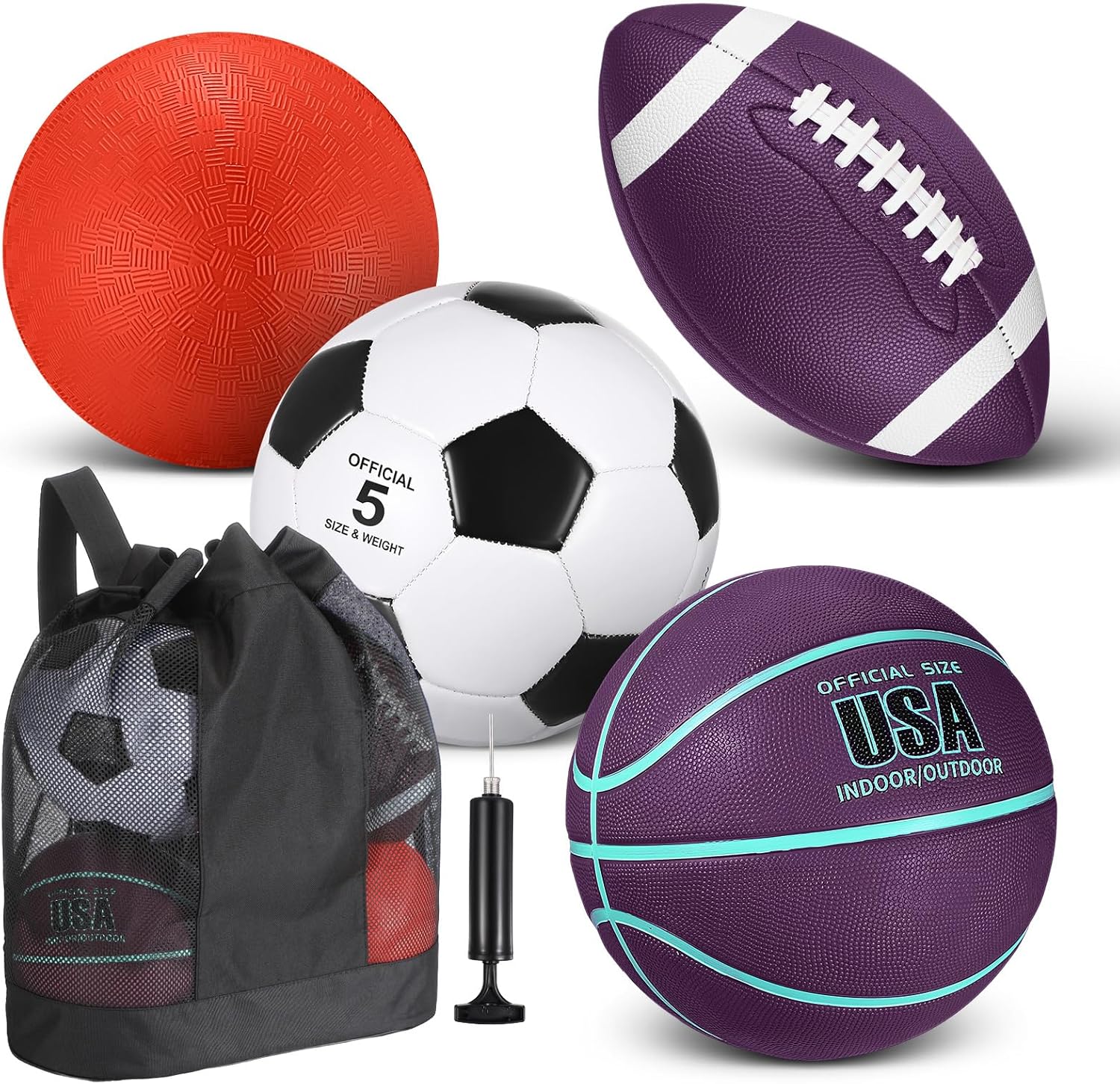 Lenwen 4 Pcs Sports Balls Set for Teen Adult, Include Official Size Basketball Soccer Football Playground Ball Pump Equipment Bag Ball Gifts Back to School