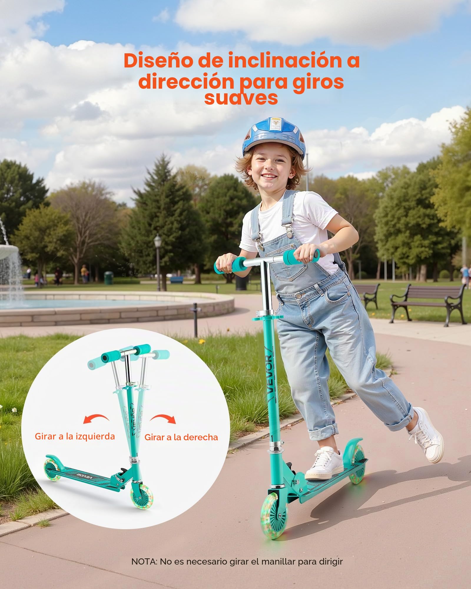 VEVOR Patinete de 2 Ruedas para Niños a Partir de 3 Años, Ruedas Iluminadas, Manillar de Altura Ajustable, Base Antideslizante y Chasis Plegable, Patinete hasta 50 kg, Verde, 700 x 325 x 830 mm