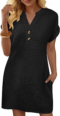 ANRABESS Womens Summer Dresses Casual Short Sleeve V Neck Textured Cute Mini Tshirt Dress 2026 Spring Beach Shift Sundress