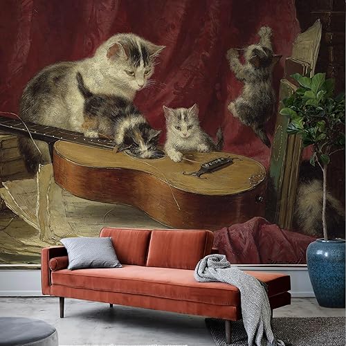 Murales de animales murales de pared de gato, pintura al óleo, 148 pulgadas de ancho x 110 pulgadas de alto, lienzo de guitarra y libro, papel de