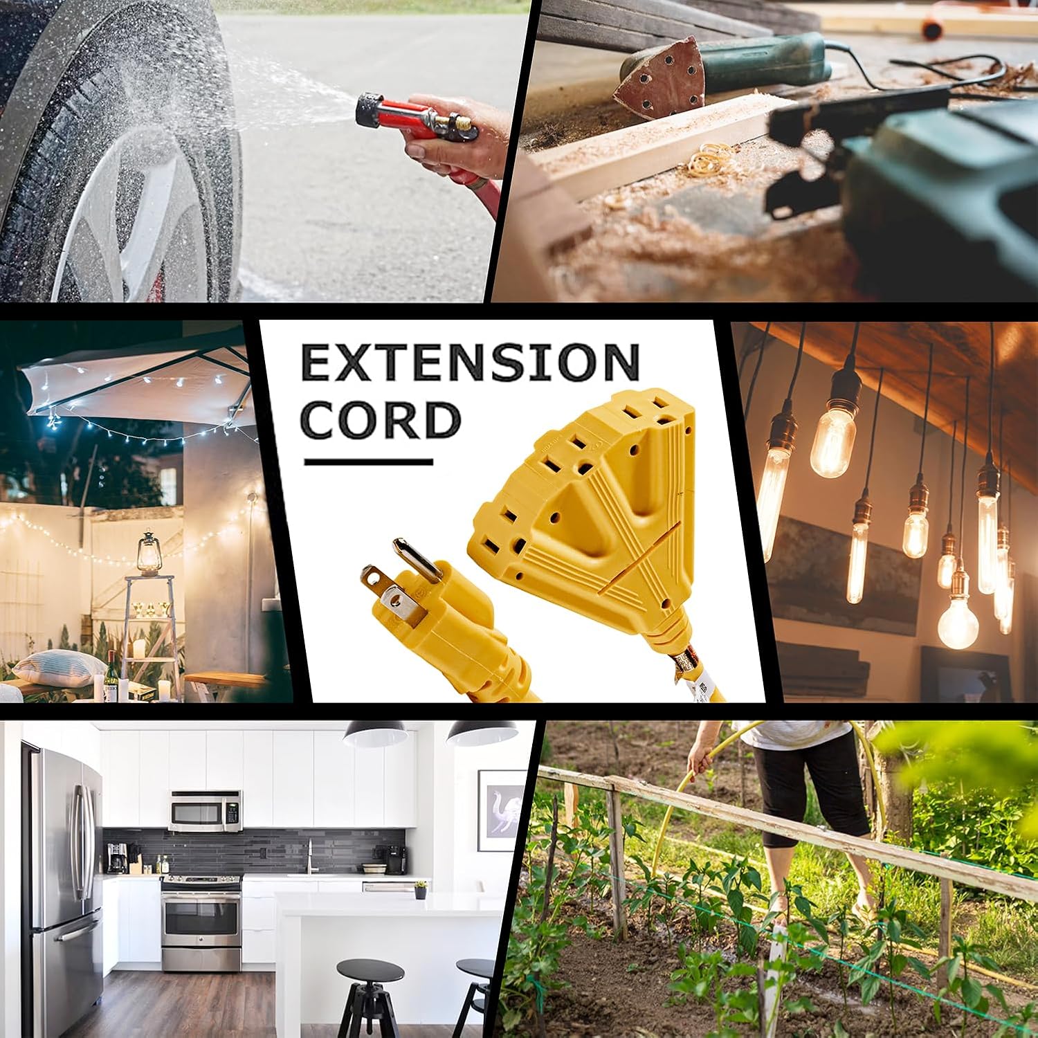 YOJOE 3-Outlets Indoor Outdoor Extension Cord, 3 Prong 15A Weatherproof Power Cord Multiple Outlets, 10 Gauge Heavy Duty 6 ft Yellow Extension Cord for Garage, Garden, 10/3 SJTW UL Listed