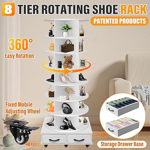Miniatura 4 de Torre de estante giratorio para zapatos de 8 niveles contiene 2 cajones, Estante giratorio para zapatos Display Lazy Susan, Estantes giratorios de