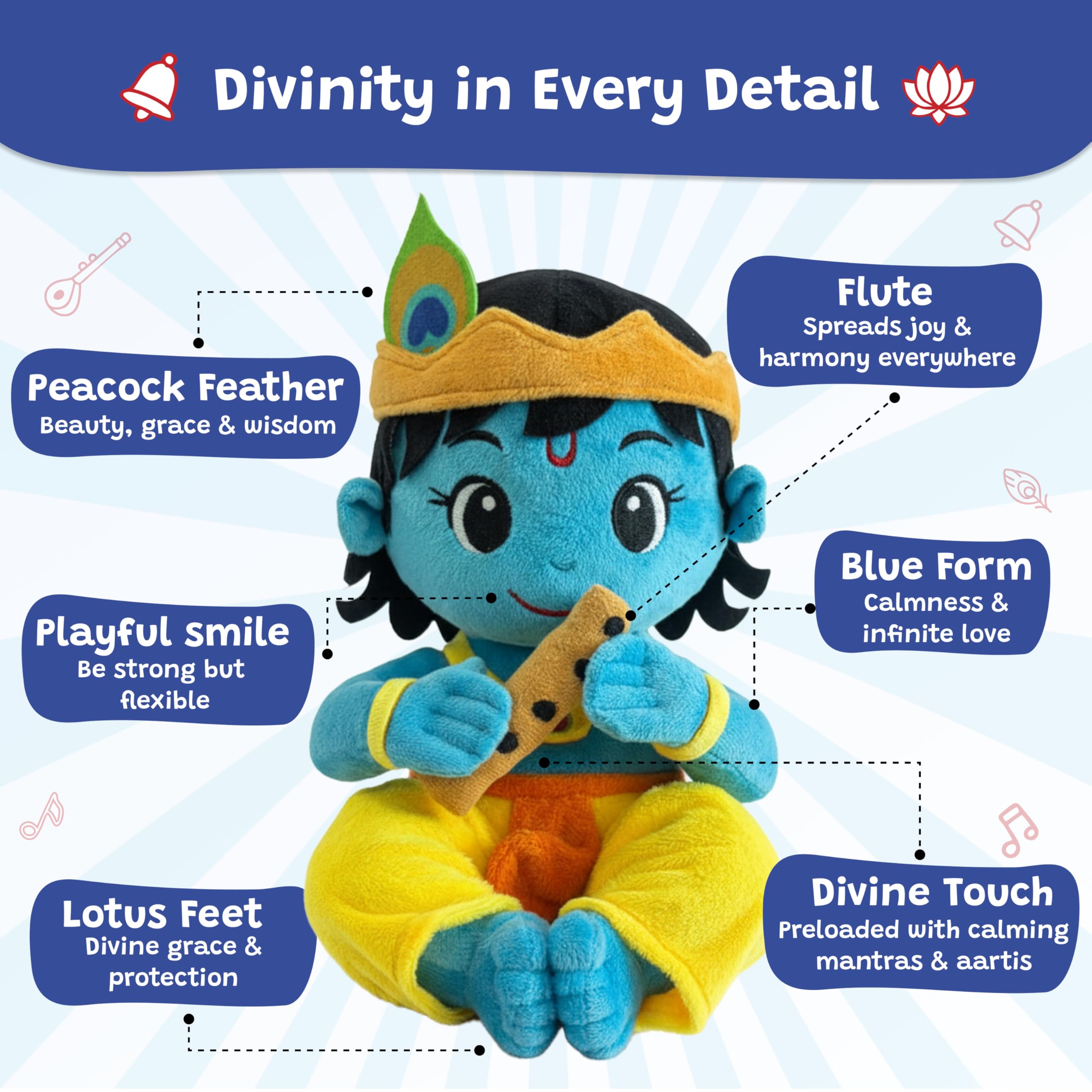 WonderBuddy Divine Mantra Chanting Baby Krishna with 8 Preloaded Mantras & Aartis, Musical Soft Plush Toy, Best Birthday Gift for Infants, Toddlers & Kids (Medium - 28 Cm) - Image 8 thumbnail