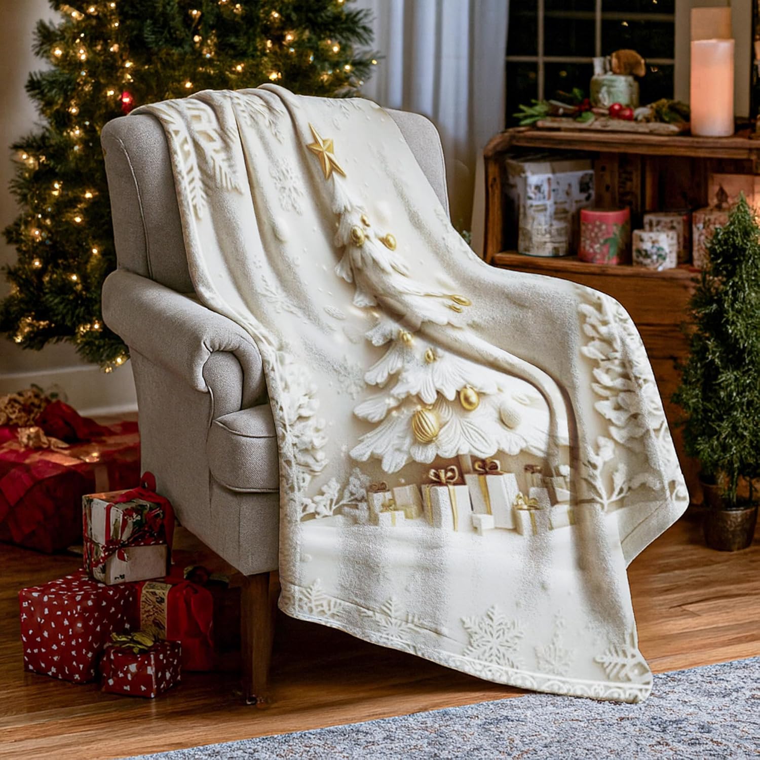 Christmas Tree Throw Blanket, Xmas Festive Gold Ornaments Presents White Plush Blanket Lightweight Compact Aesthetic for Couch Sofa Bed Lap Office Chair Desk 60x80 Inch