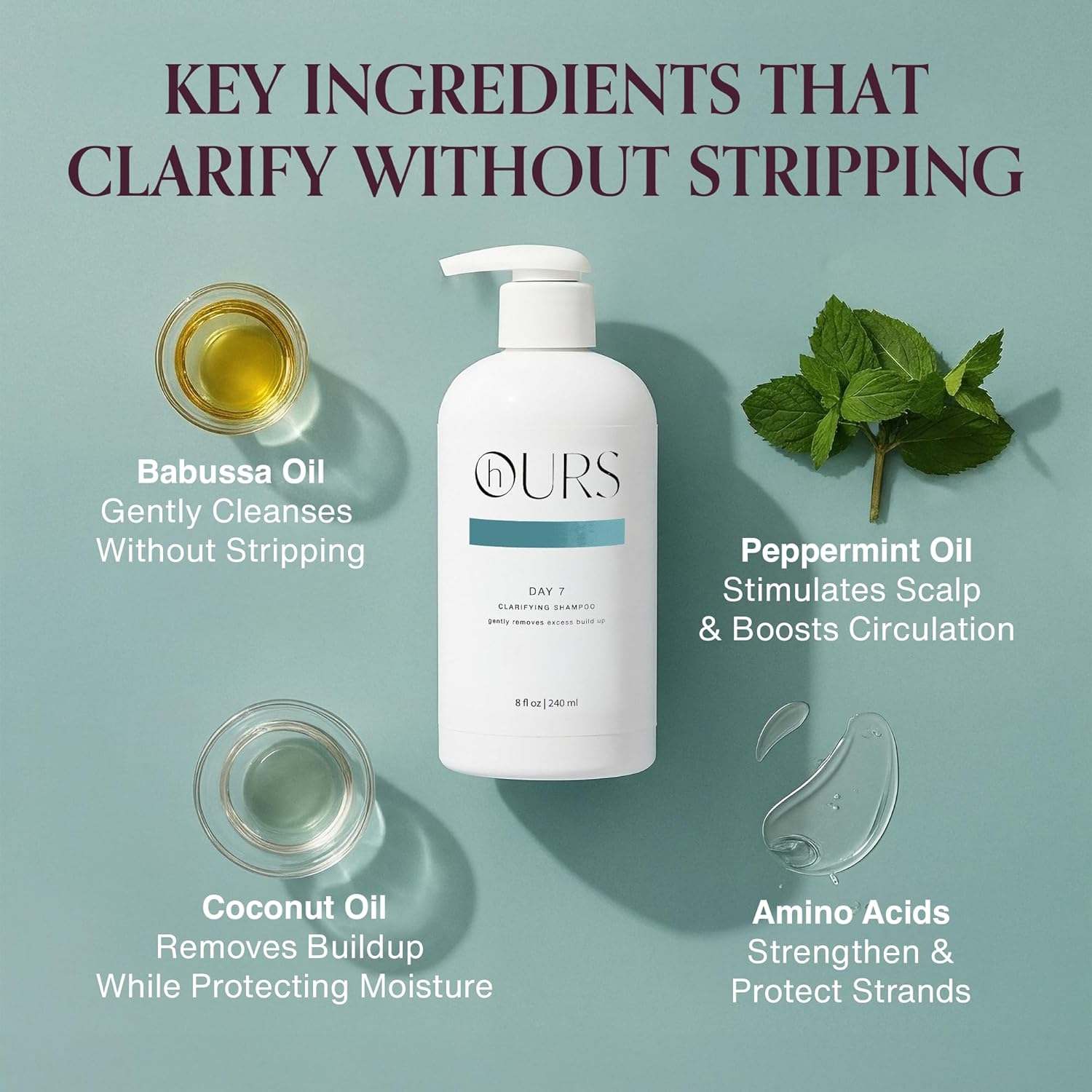 hOURS Day 7 Clarifying Shampoo Gentle Weekly Reset for All Hair Types - Deep-Clean, Sulfate-Free for Oily Scalp & Buildup - Peppermint, Vitamin E & Babassu-Oil Cleanser - Color Safe Formula - 8 oz - Image 6