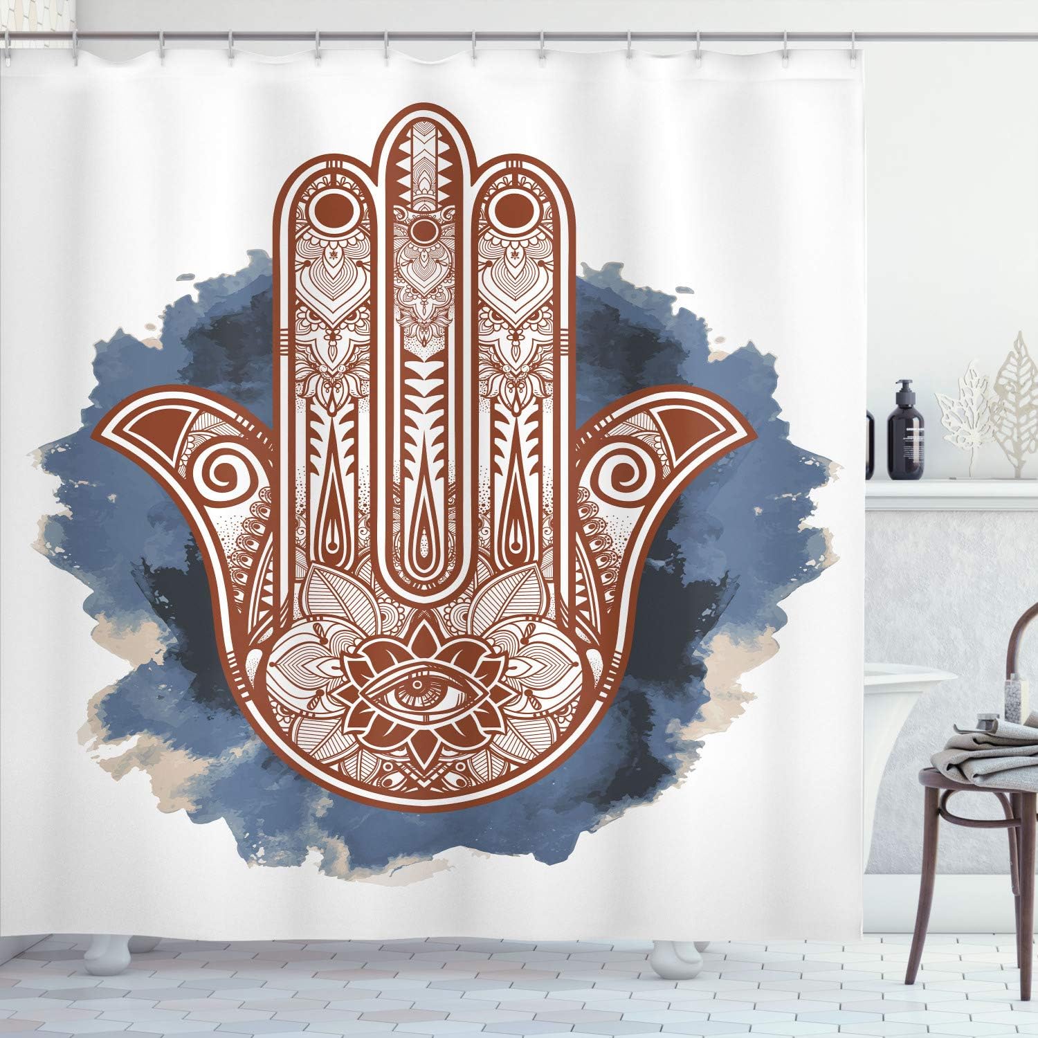 Ambesonne Ethnic Shower Curtain, Folkloric Motif Creative Art Cultures on a Watercolor Splash Print, Cloth Fabric Bathroom Decor Set with Hooks, 75" Long, Indigo Brown