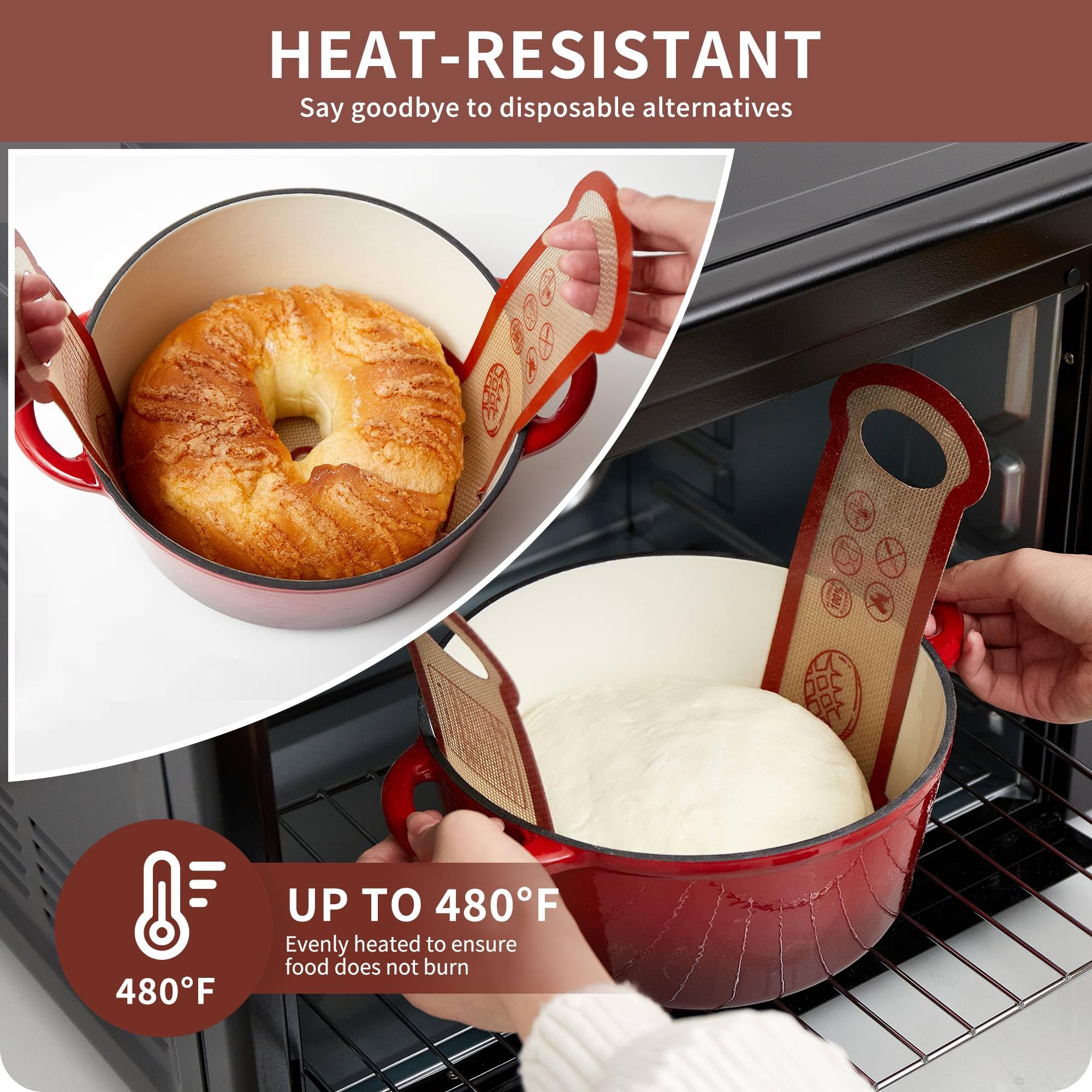 Tappetino in silicone per pane a lievitazione naturale, 2 set di fette rotonde per forno olandese, antiaderente, di alto grado, per la preparazione di pane naturale, riutilizzabili, con manico lungo