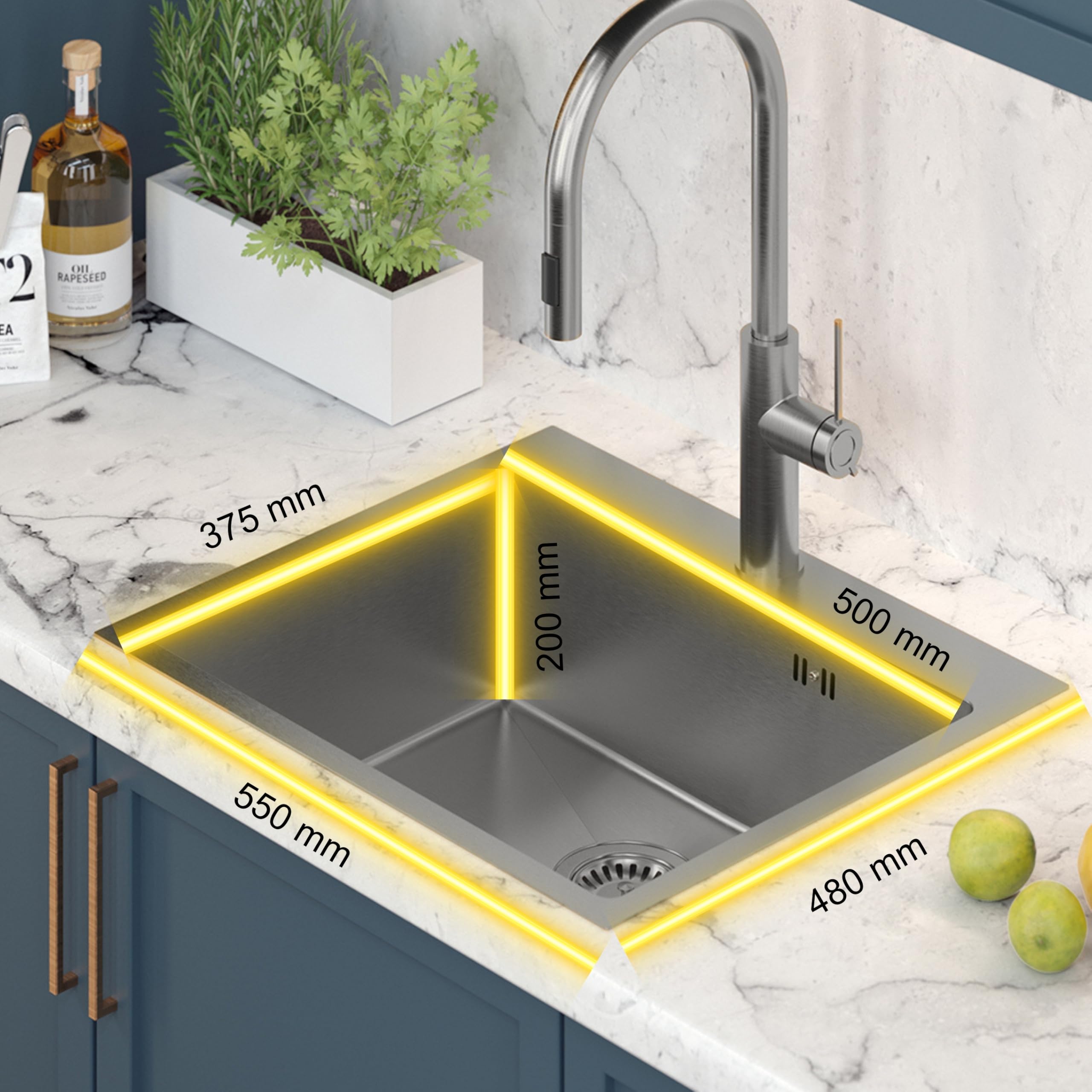 QUADRON Spülbecken Edelstahlspüle | Größe 55 x 48 cm Farbe: Silber | Einbeckenspüle RUSSEL 110 Einzelbecken Küchenspüle mit Stahlkammer Edelstahl Stahlspüle | mit Siphon und Schraubverschluss