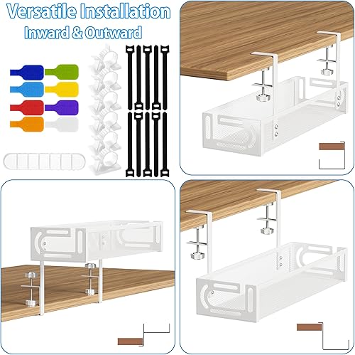 Miniatura 8 de Bandeja de organización de cables para debajo del escritorio, organizador de cables con montaje de abrazadera, sin taladro, acero al carbono, caja