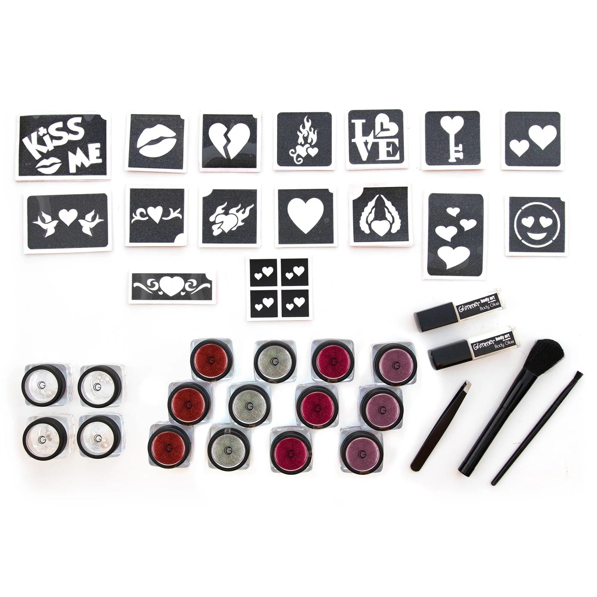 GLIMMER Body Art Hearts, Hugs & Kisses Glitter Tattoo Kit | Unleash Your Creativity with Glittery Fun!