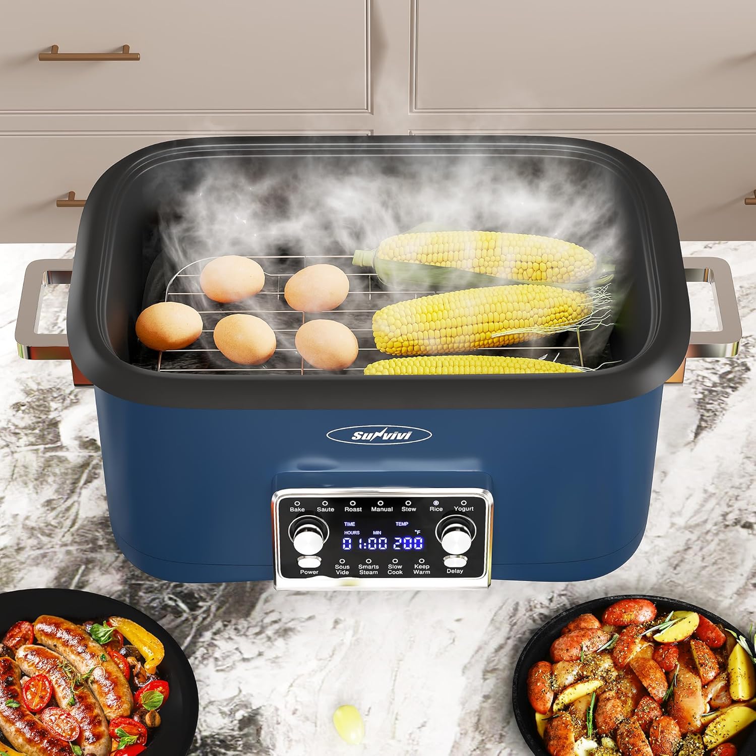 Sunvivi Multi-Cooker with corn on the cob and eggs steaming on the included rack.