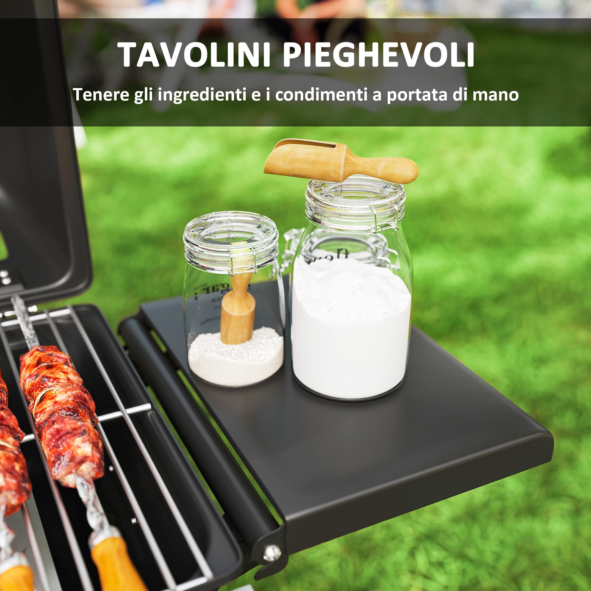 Outsunny Barbecue a Gas in Acciaio, BBQ a Gas a 2 Bruciatori da 2.8 KW con Coperchio, Termometro, Ruote, Griglie, Tavolino Laterale e Vaschetta Raccogli Grasso, Regolatore, Nero