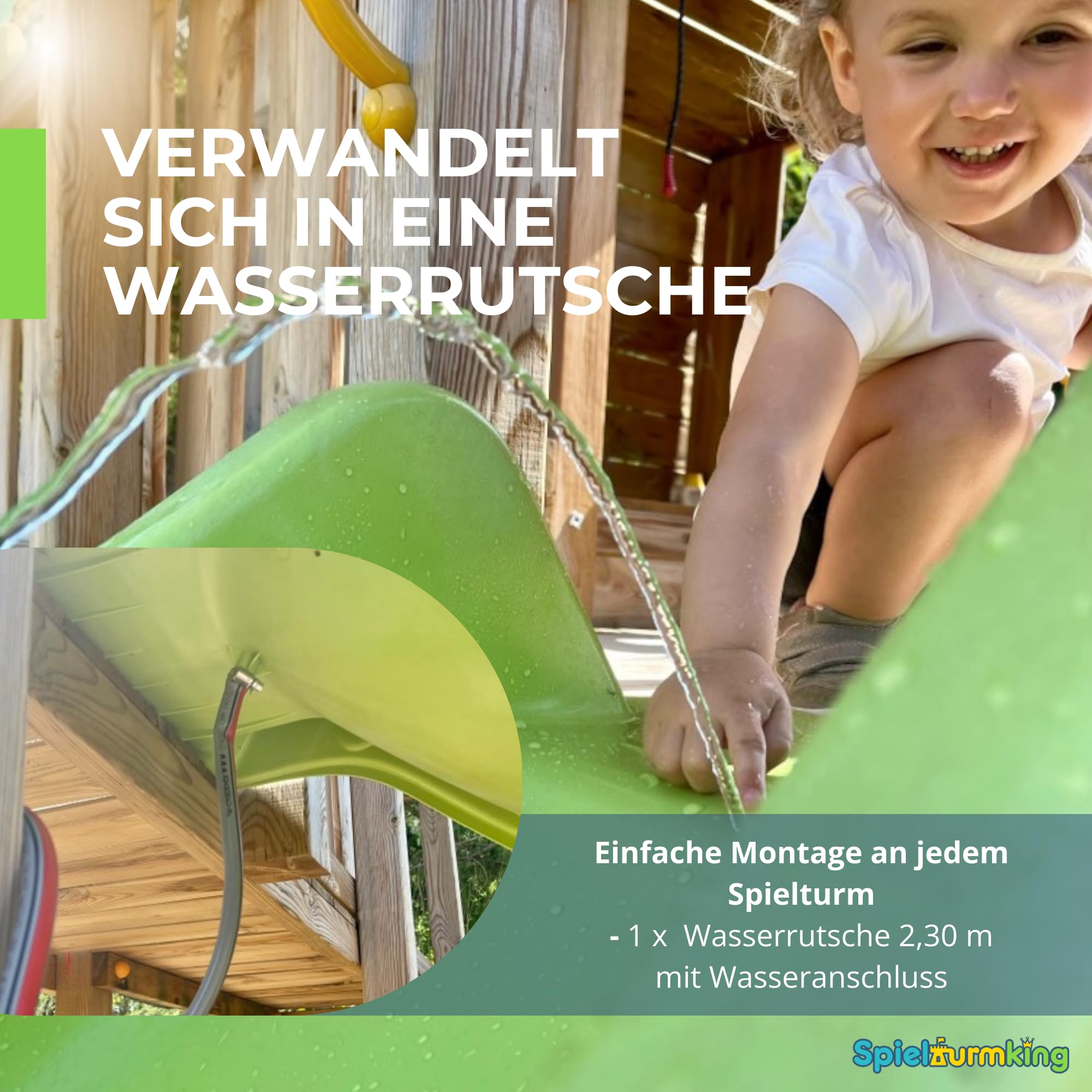 Kinder Rutsche 2,30 m Outdoor Garten Spielgeräte Grün Stabile Wasserrutsche Wellenrutsche Podesthöhe 1,25 m