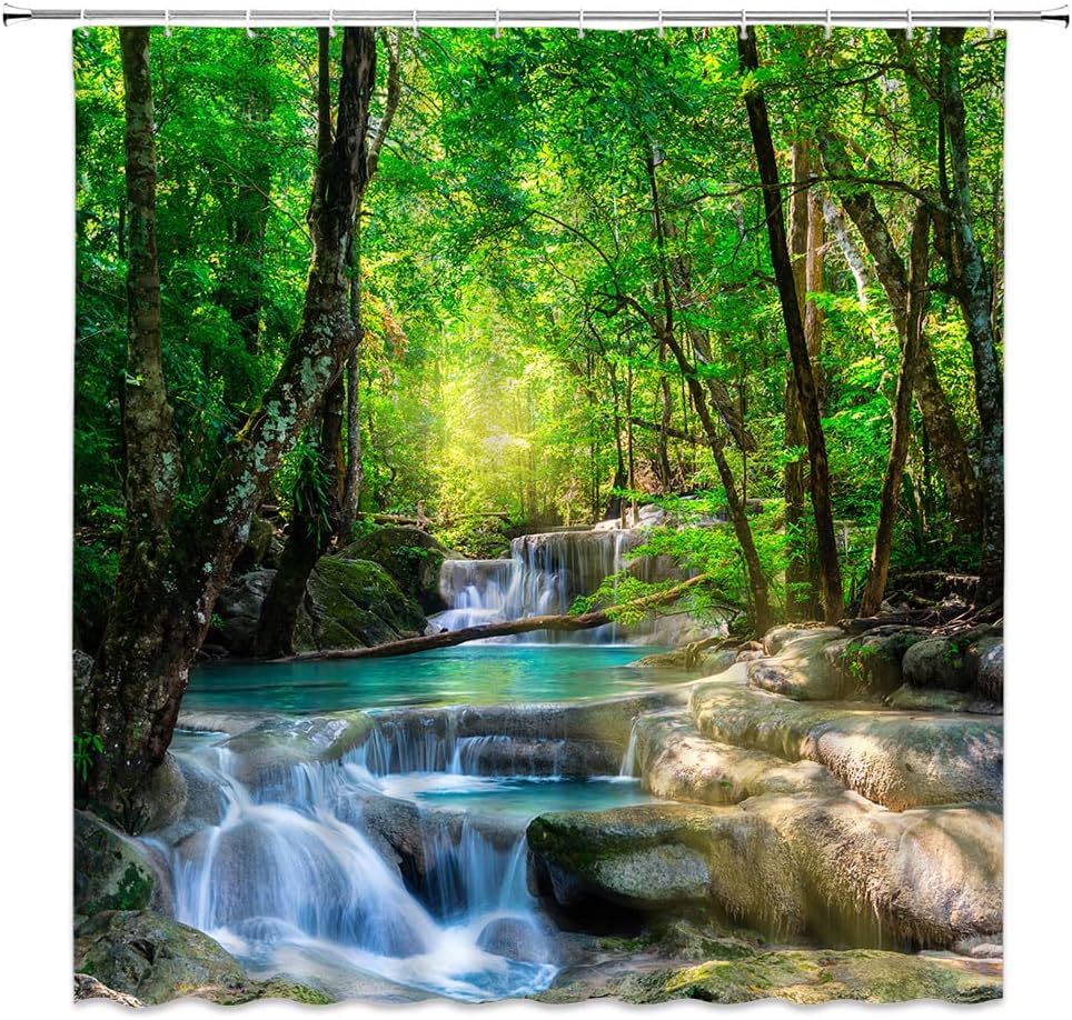 Nature Forest Waterfall Shower Curtain Rainforest Natural Landscape Green Trees Sunshine Tropical Jungle Summer Decor Bathroom Curtain Set with Hook