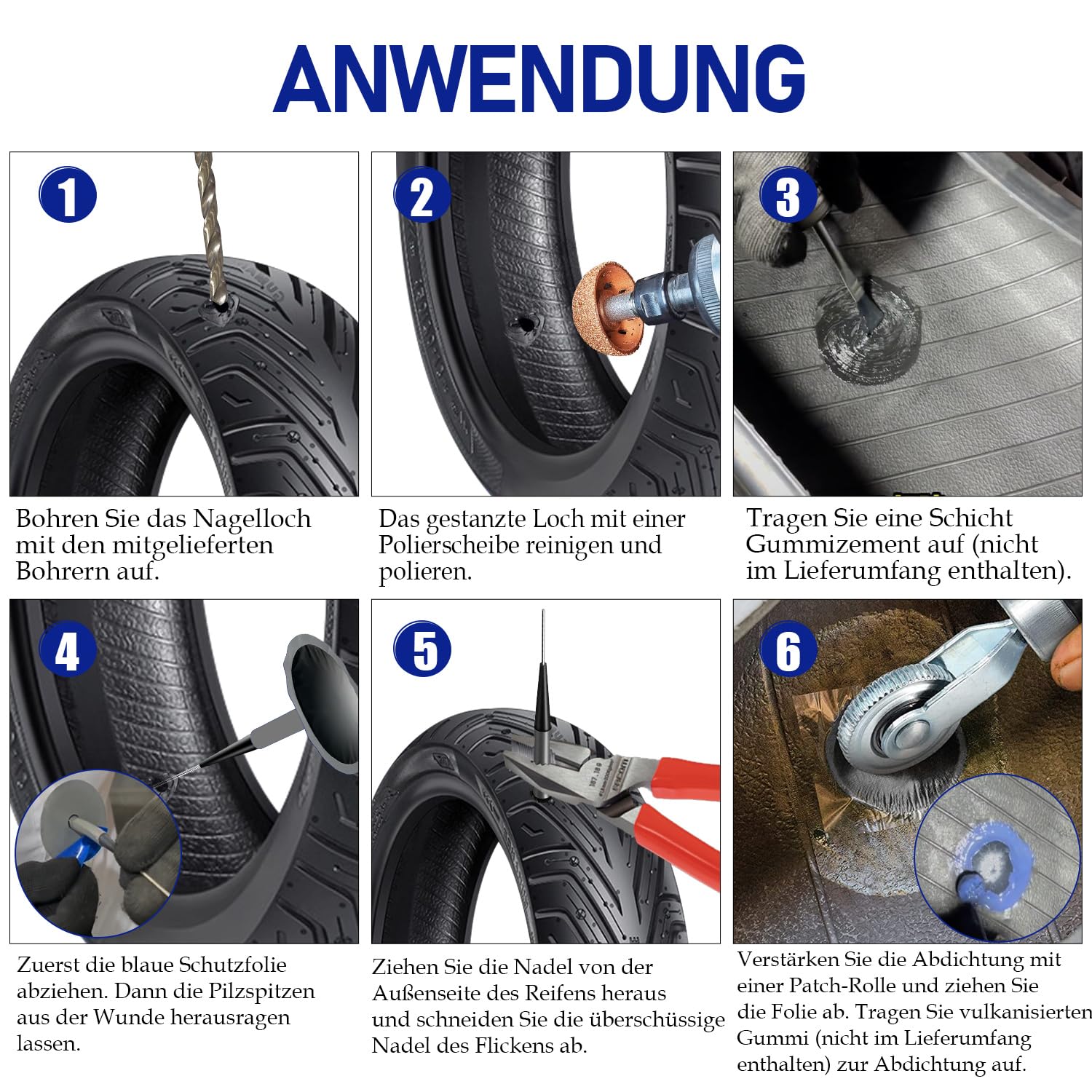 Reifen Reparatur Set mit 24 Gummistopfen, Wolfram-Schleifrad & Reifenroller inkl. 4mm Bohrer - Universelles Reifenflickzeug für Auto, LKW, Motorrad & Fahrrad