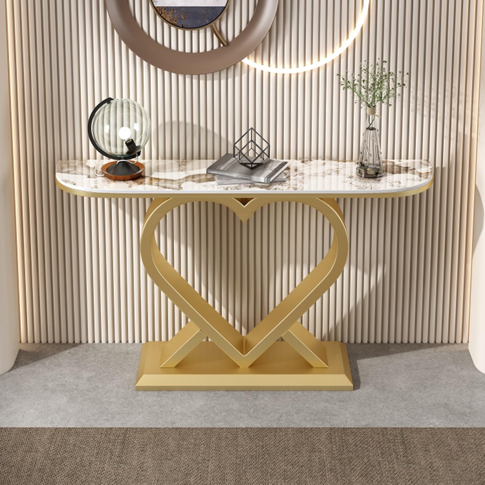 Mesa consola moderna de piedra sinterizada con base de metal para el pasillo de casa