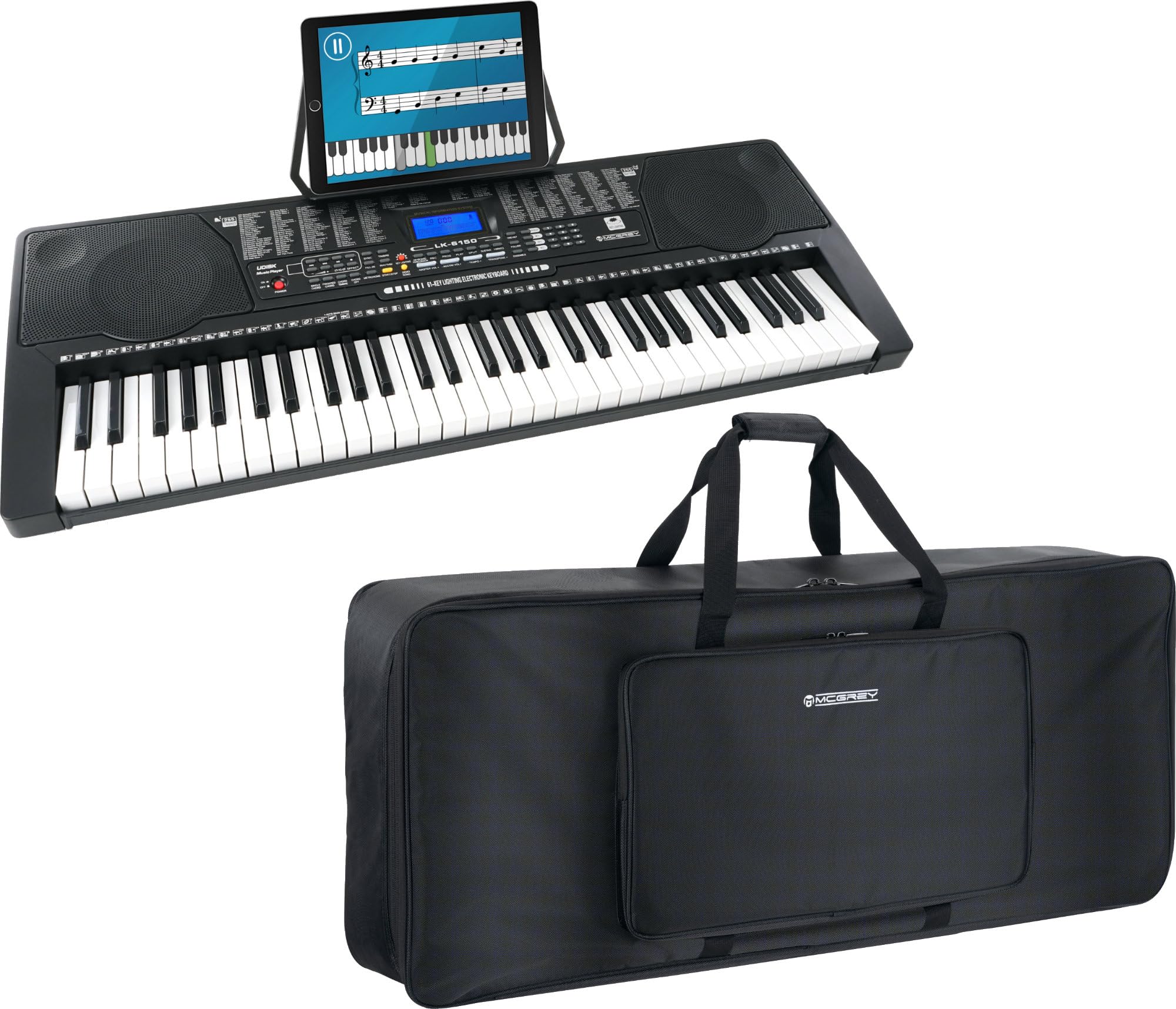 McGrey LK-6150 61 Tasten Keyboard Taschen Set - Einsteiger-Keyboard mit 61 Leuchttasten - 255 Sounds und 255 Rhythmen - 61 Percussion-Sounds - 50 Demo Songs - integrierter MP3-Player - Schwarz