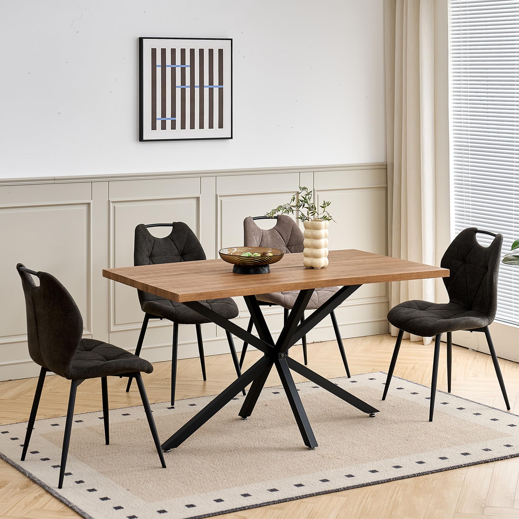 Essgruppe Set Tisch und Stühle, Rechteckiger Esstisch (140 cm) mit 4 Esszimmerstühlen aus Leinenstoff und Griff für Küche, Esszimmer (Dunkles Holzdekor+4*stühle (Schwarz))