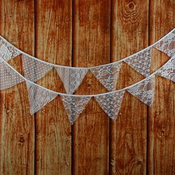 LOVENJOY White Floral Lace Pennant Banner, Fabric Triangle Lace Bunting Flag Garland - 10.8 Feet