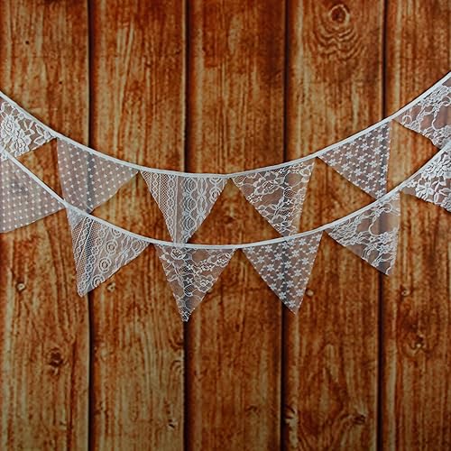 LOVENJOY White Floral Lace Pennant Banner, Fabric Triangle Lace Bunting Flag Garland - 10.8 Feet