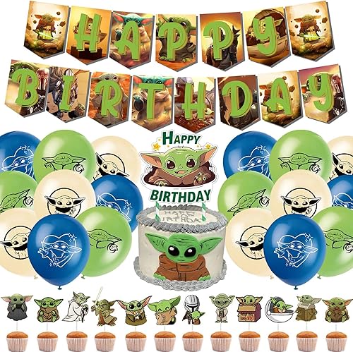 Suministros de recuerdo de fiesta de Baby Yoda, decoraciones de cumpleaños para fiesta de bebé Yoda incluyen pancarta, adorno para pastel y globos,