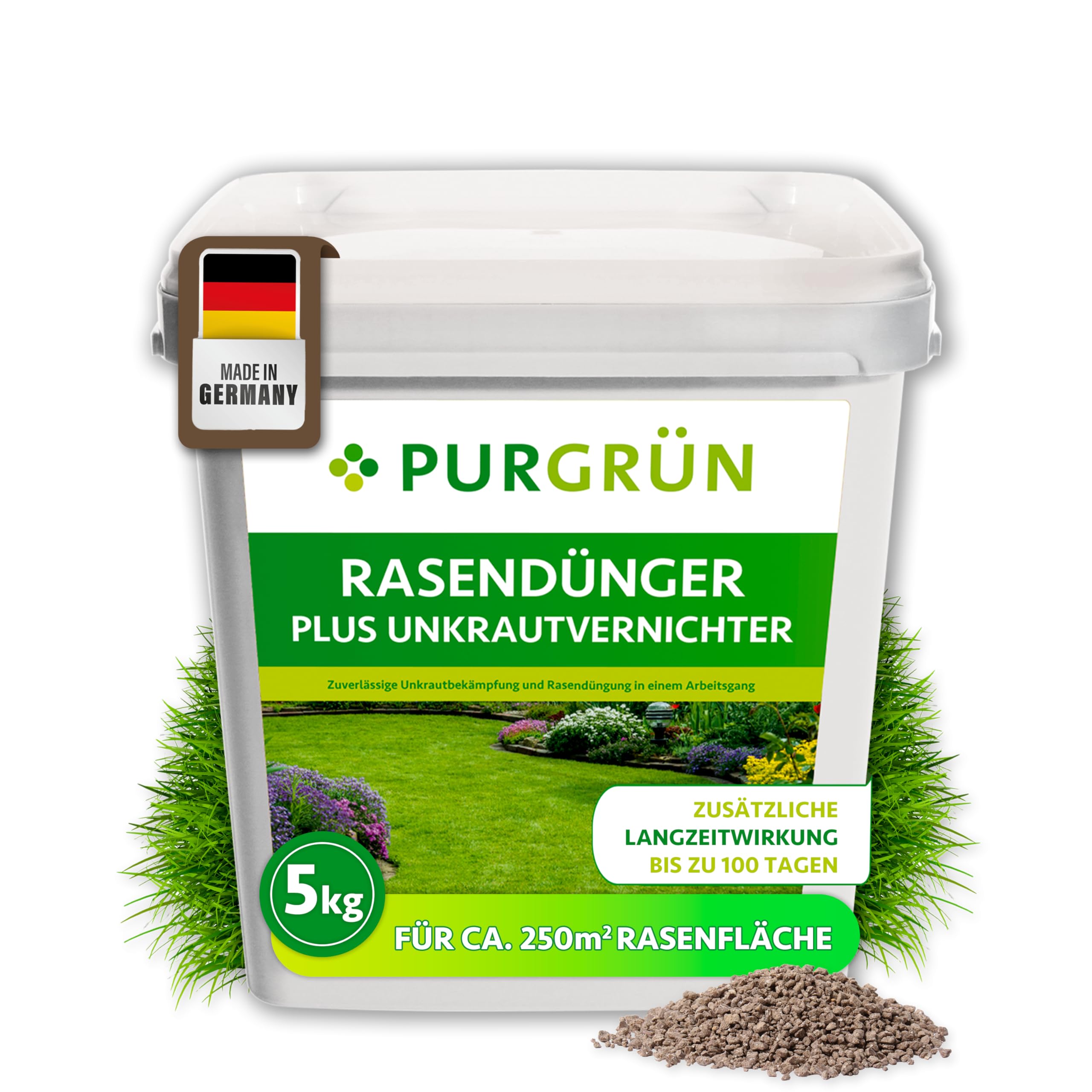 Rasendünger mit Unkrautvernichter 5 kg – Schnell wirksame mineralische Rezeptur – Kombi-Wirkstoff gegen Unkraut – NPK 22+5+5 – 100 Tage Langzeitwirkung – Profi-Qualität – Für jeden Rasen