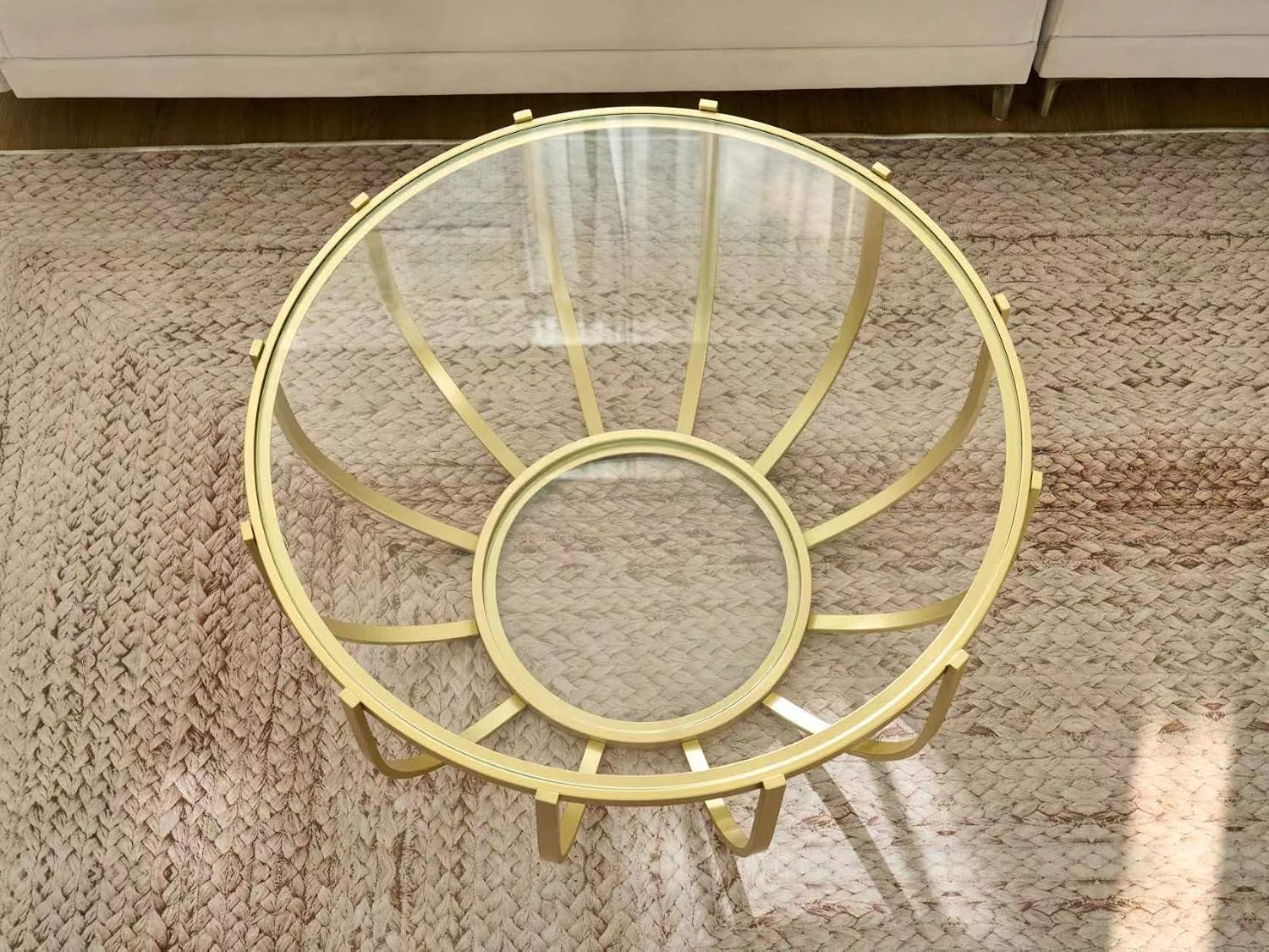 Shrine Gold Round Glass Coffee Table, Mid-Century Modern Design, 2-Tier Structure, Clear Glass Top and Shelf, 30.7'' D ×16.5" H, Glam Gold Metal Cage-Frame