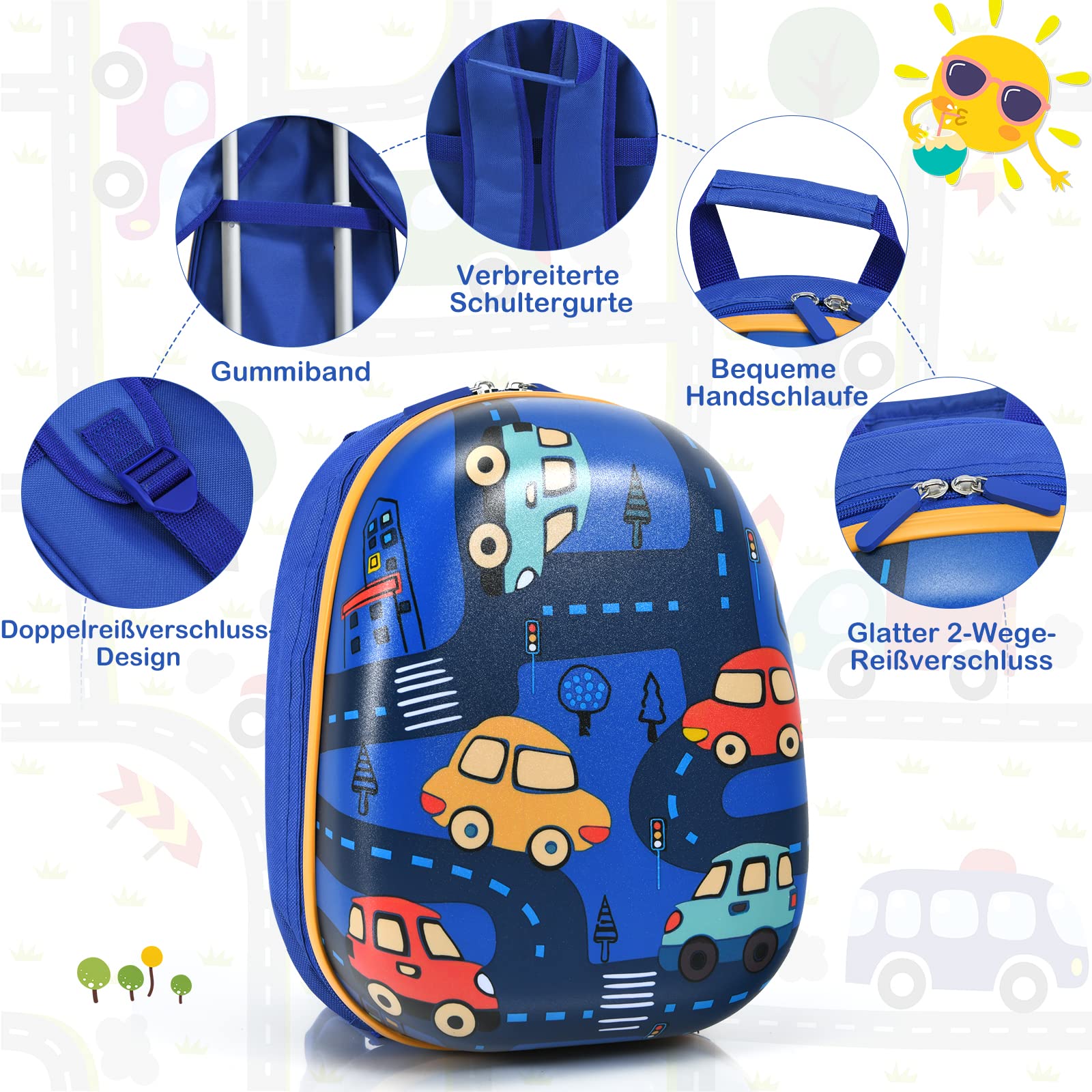 GOPLUS Kinderkoffer mit Rucksack, Kids Trolley, Kindergepäck mit Rollen, Reisekoffer mit Teleskopgriff, Hartschalenkoffer für Kinder, Kindertrolley Farbwahl (Cartoon-Auto, 12"+18")