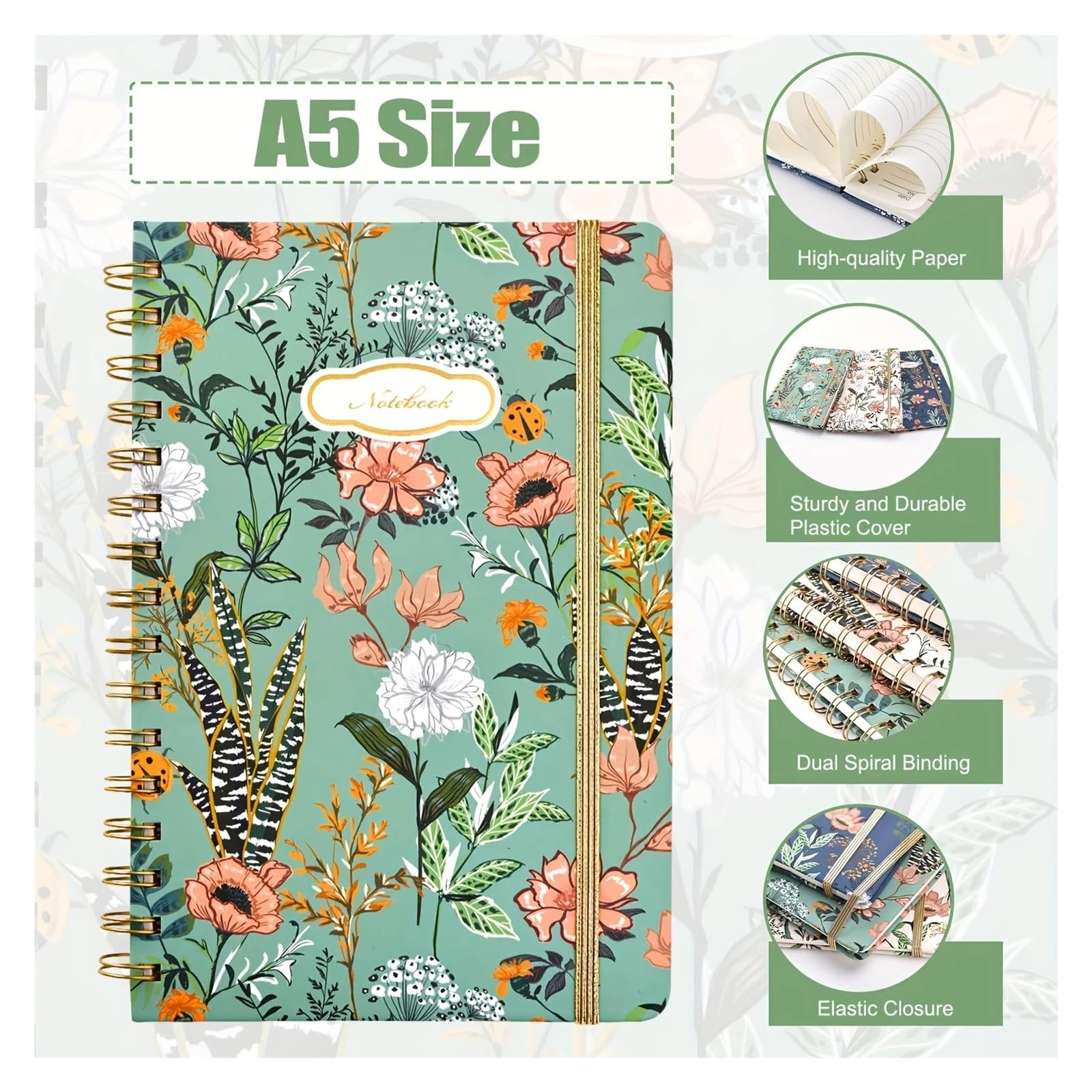 spiralbuch A5 Hardcover College-Lineatur-Tagebuch, 80 Blatt/160 Seiten, 5,7" x 8,5", Freihand-Blumenband(WHITE)