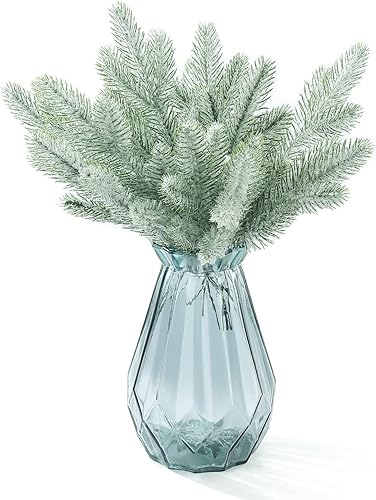 Agujas de pino artificial esmerilado, ramas de Navidad, picas de pino nevado falsas, ramitas de invierno, tallos de vegetación para árbol de