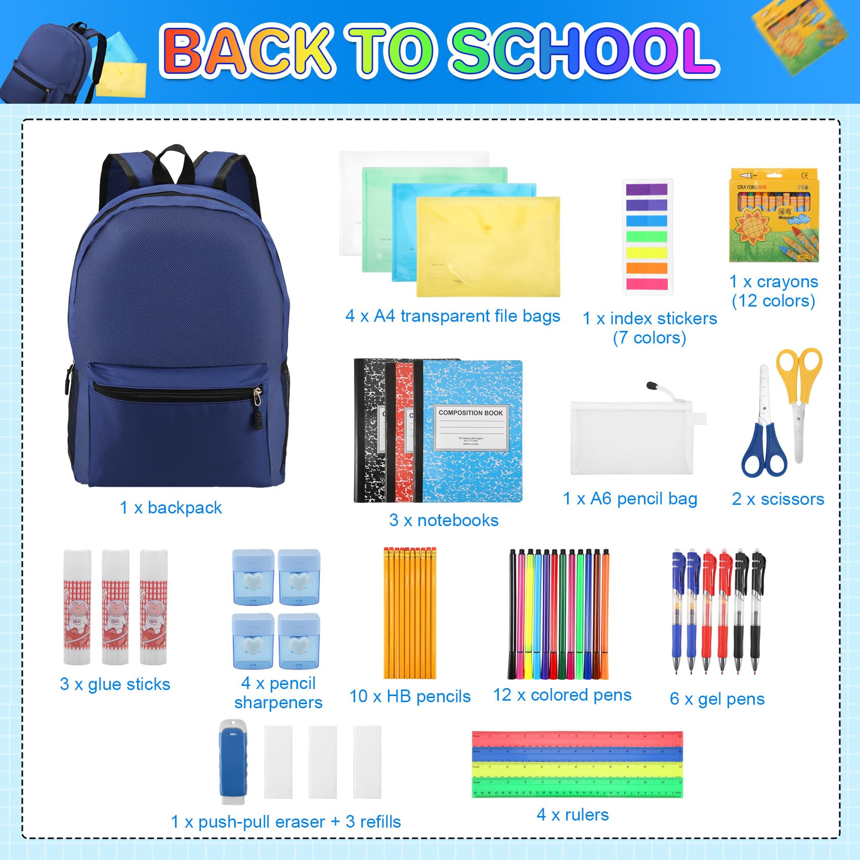 Yocdunm 56 Pieces Back to School Supplies with 15 inch Backpack Back to School Supplies Bag Stationery Set Elementary School Supply Kit Essential Bundle Bulk School Stationery Set - Image 2