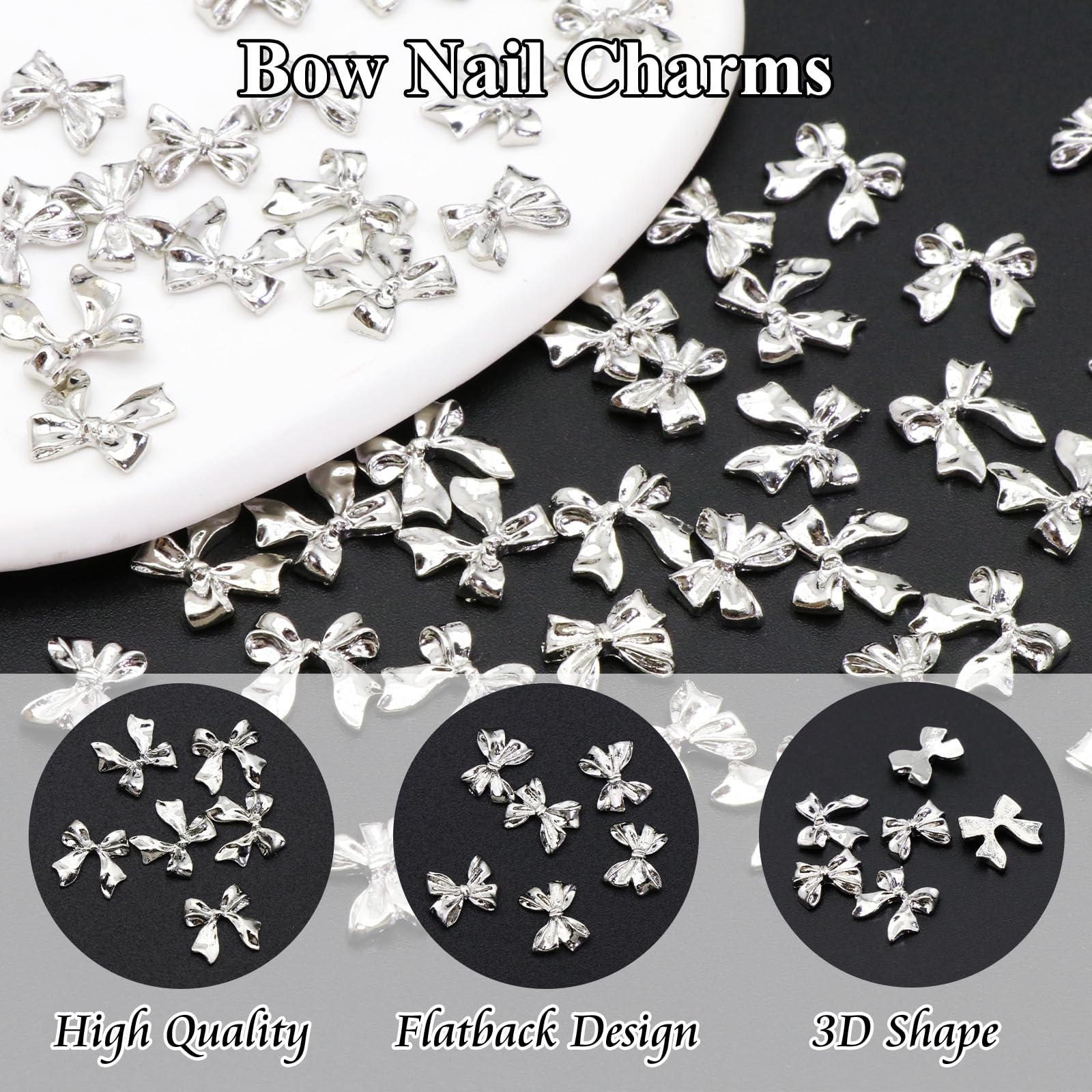 YAEISM 50PCS 3D Silver Nail Charms with 2 Styles of Alloy Ribbon Bowknot Design for Nail Art and DIY Crafts Decoration