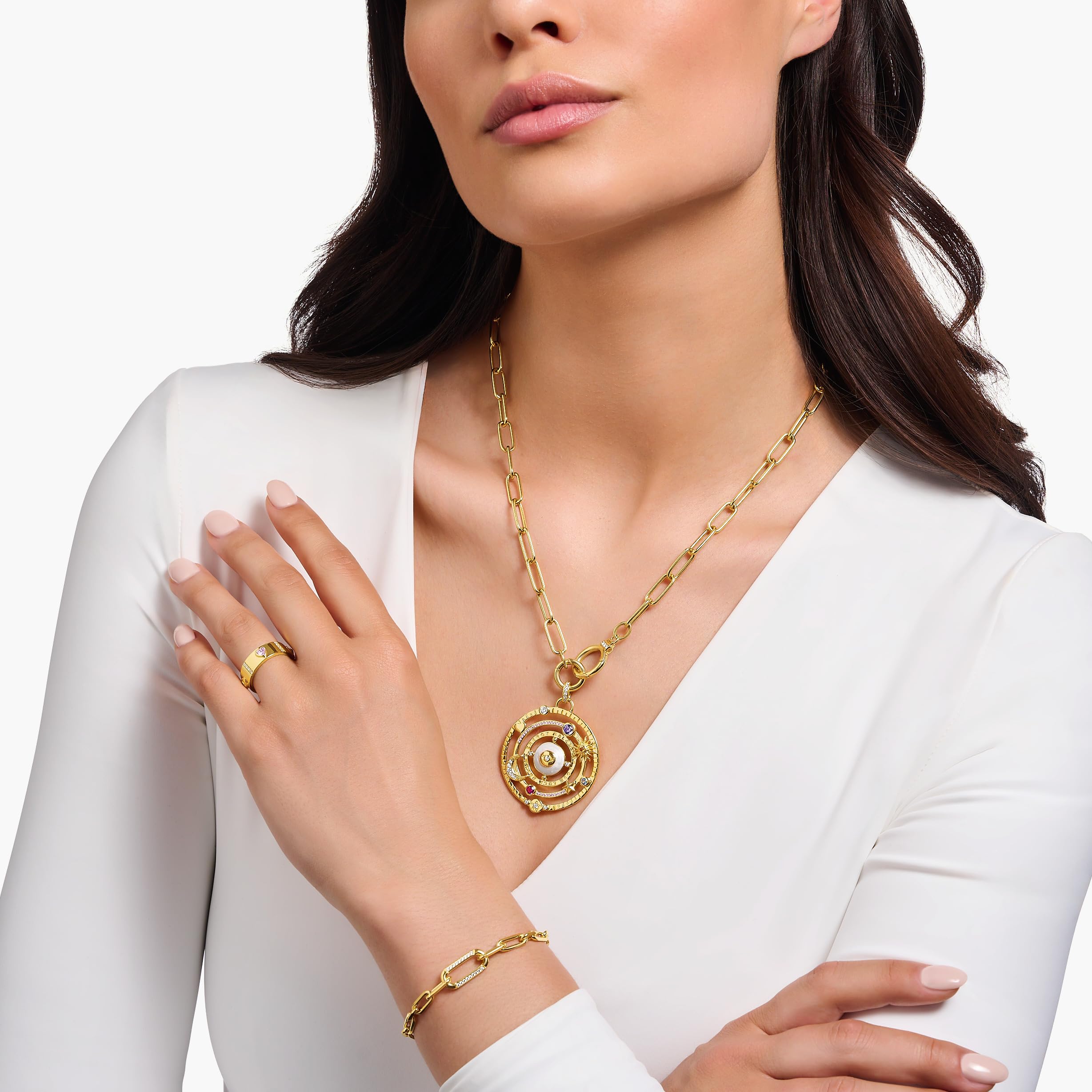 THOMAS SABO Kettenanhänger Halbkugel mit Auge bunte Steine vergoldet 750 Gelbgold Vergoldung, Kaltemail, 925 Sterlingsilber
