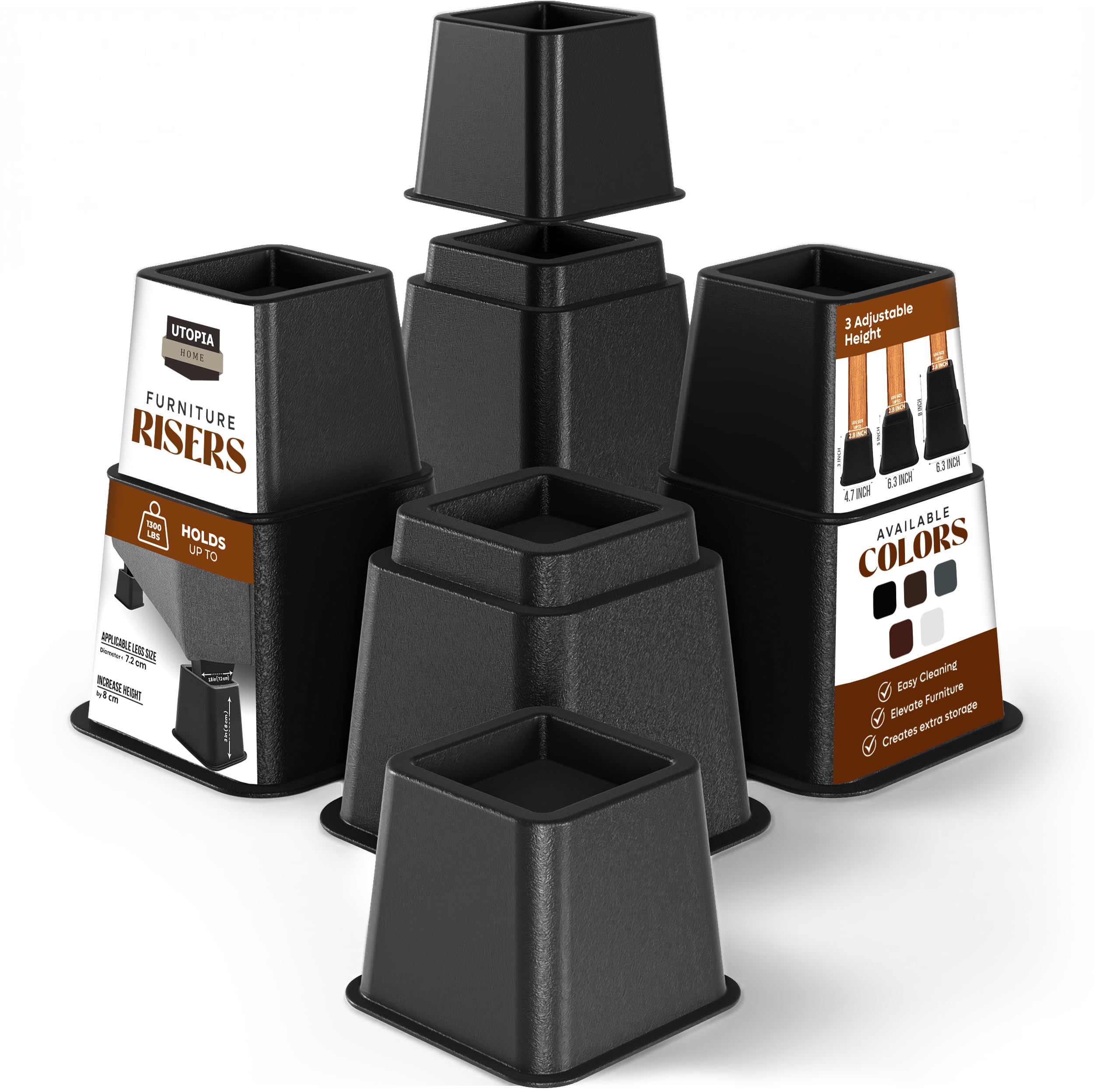 8 Piece Premium Adjustable Furniture Risers (4 High and 4 Short) - Heavy Duty Riser with Strong Space Saving for Beds, Tables, Chairs or Sofas (3, 5 or 8 Inch) (Black)