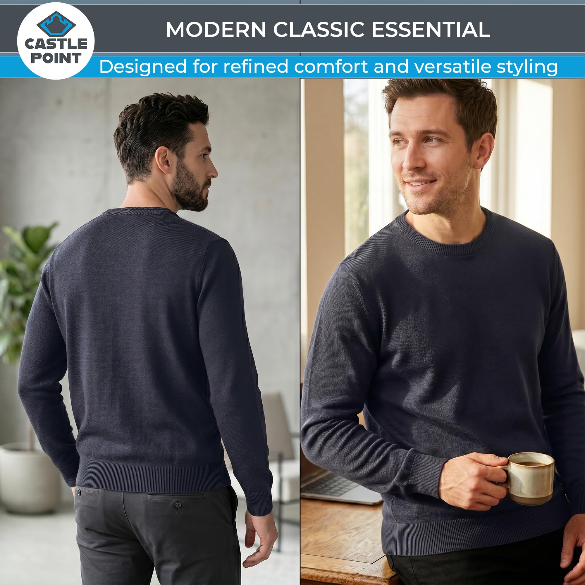 Castle Point Maglione Uomo 100 % Cotone, Pullover in Maglia con Girocollo o Scollo a V, Leggero Classico per Tutti i Giorni e Stile Casual
