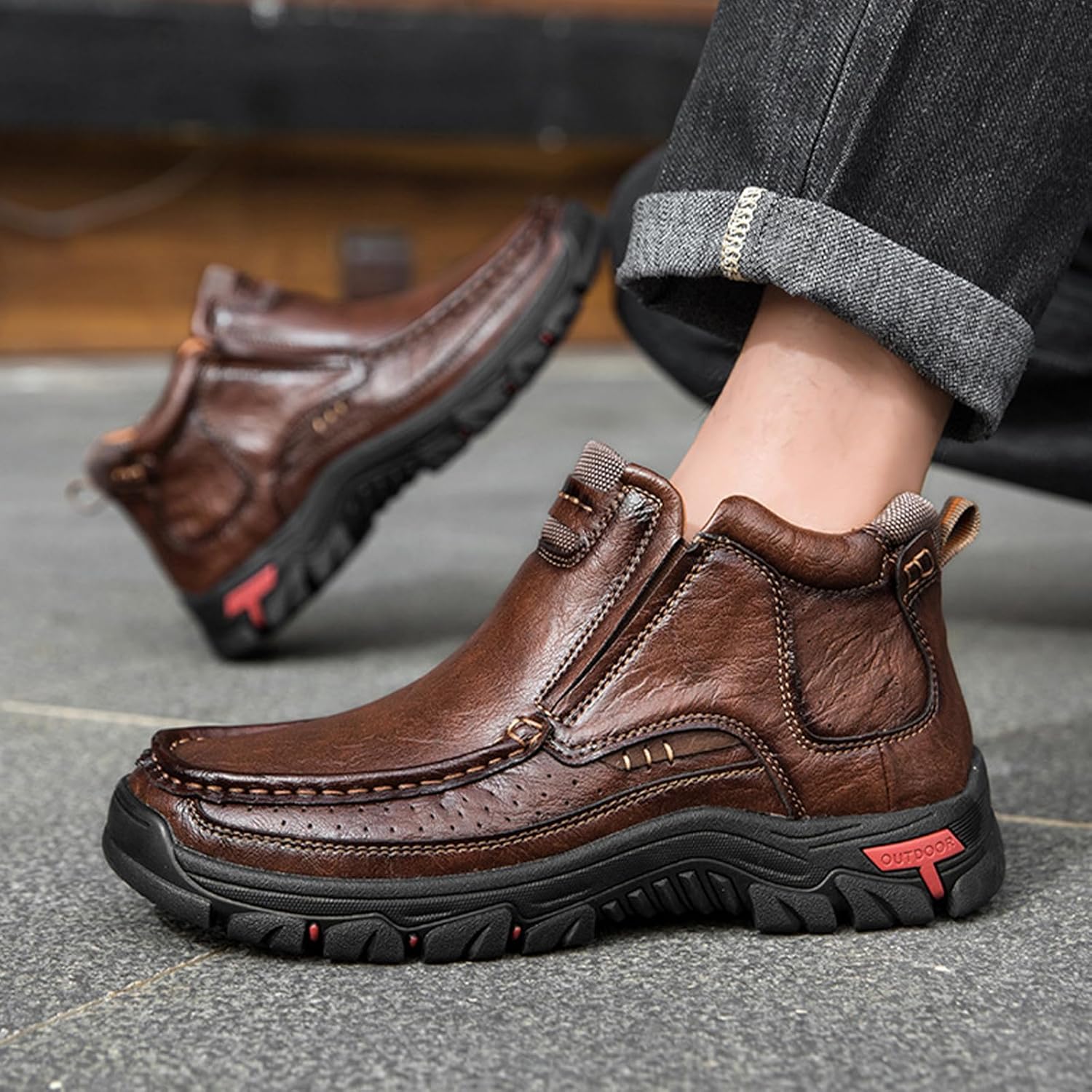 Men's Mid-top Outdoor Chukka Boots,Vintage Comfort Leather Arch Support Non-Slip Slip On Hiking Casual Shoes - Image 3