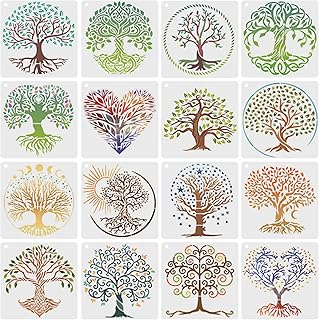 Lot de 16 pochoirs réutilisables motif arbre de vie, peinture avec anneau rond et plantes naturelles pour scrapbooking, toile, fabrication de cartes, bricolage, décoration murale