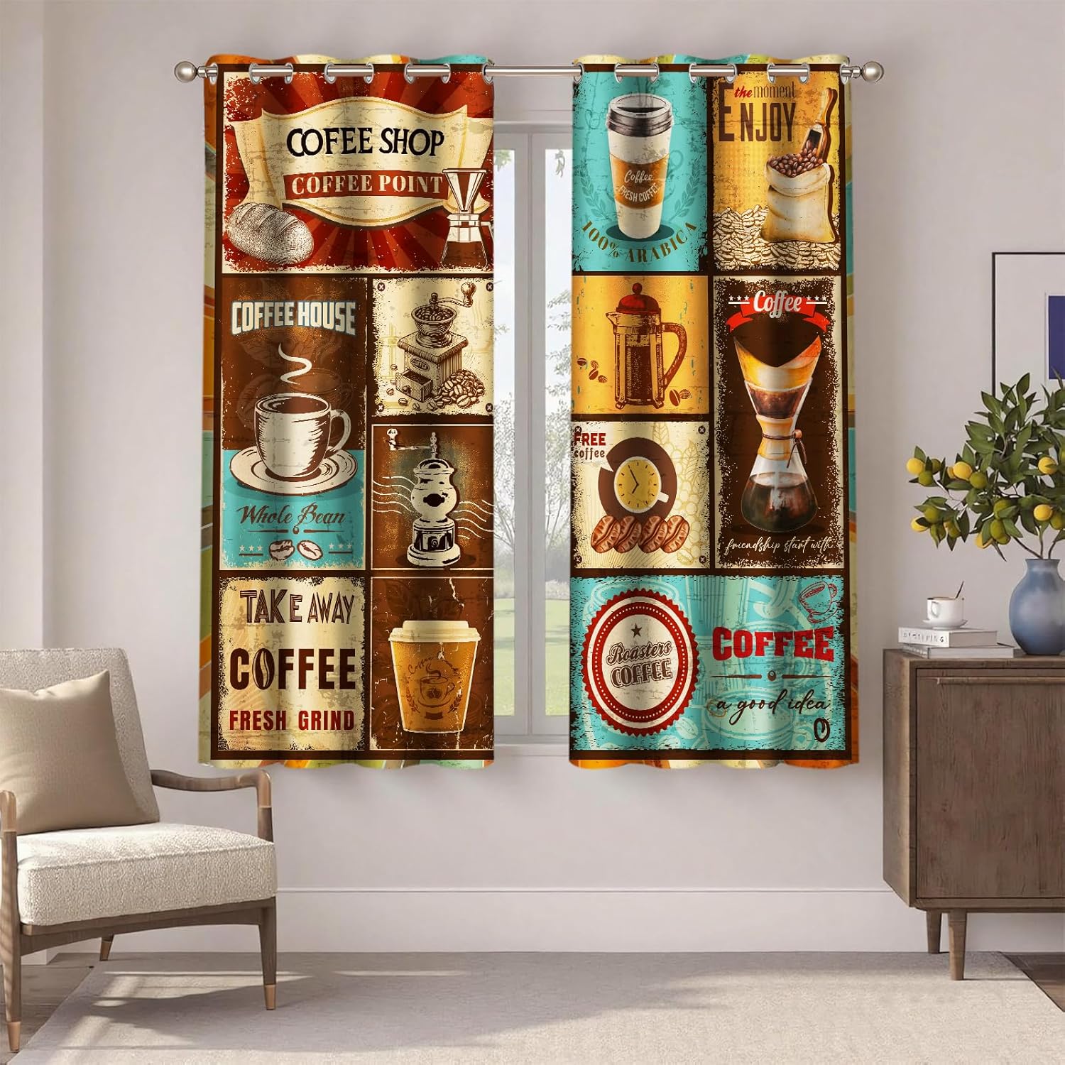 Retro Brown Coffee Blackout Curtains,Tan Curtain 4263 Inches Long,Coffee Art Checkered Fashion Insulated Curtains for Cafe Coffee Shops Bedroom Kitchens 2Panels HI036DX